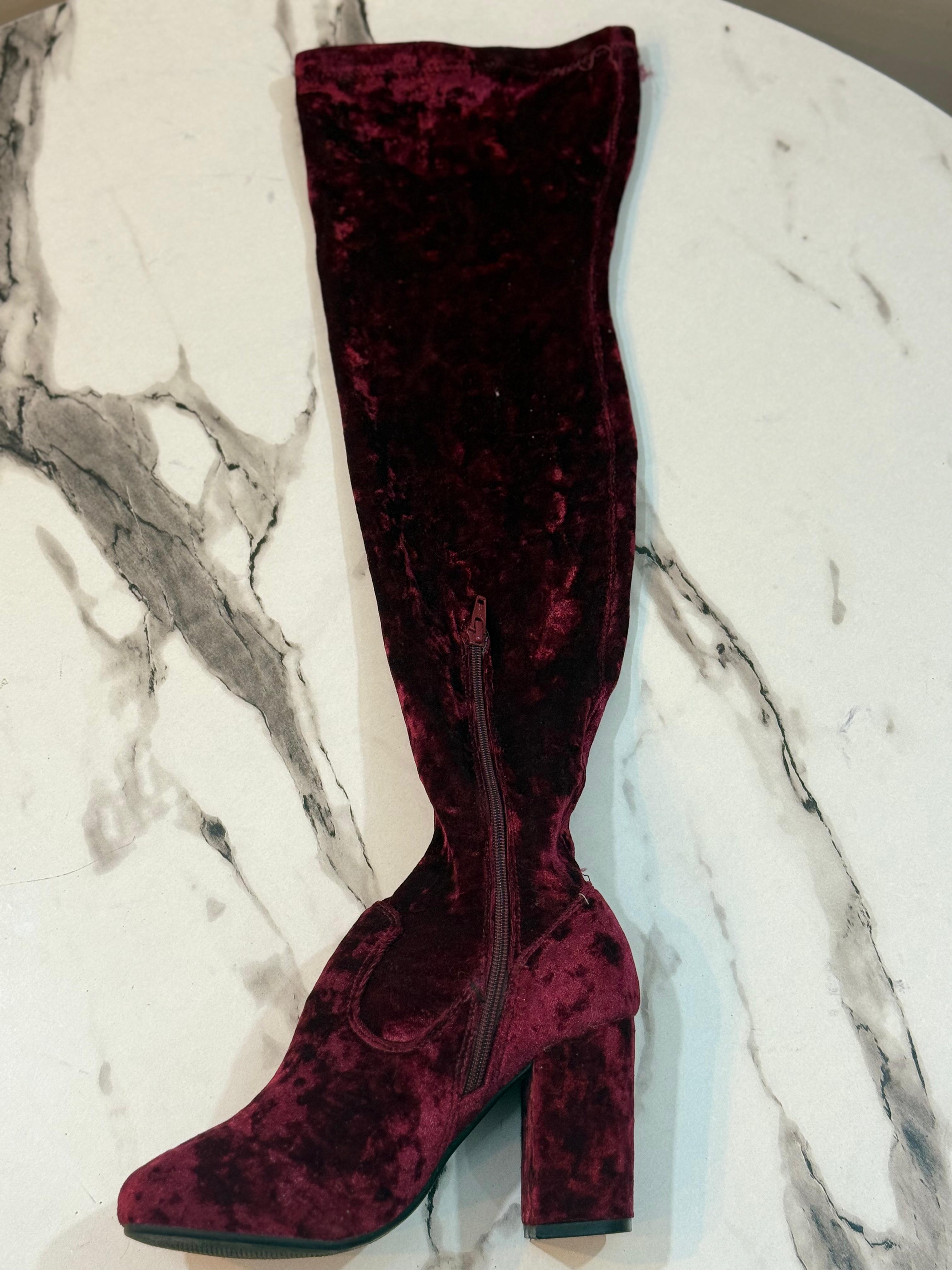 Burgundy patent velvet zipper ankle long boot (unknown)