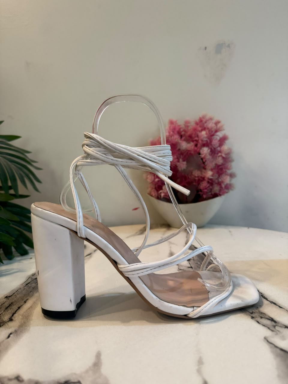 White laceup up block heel