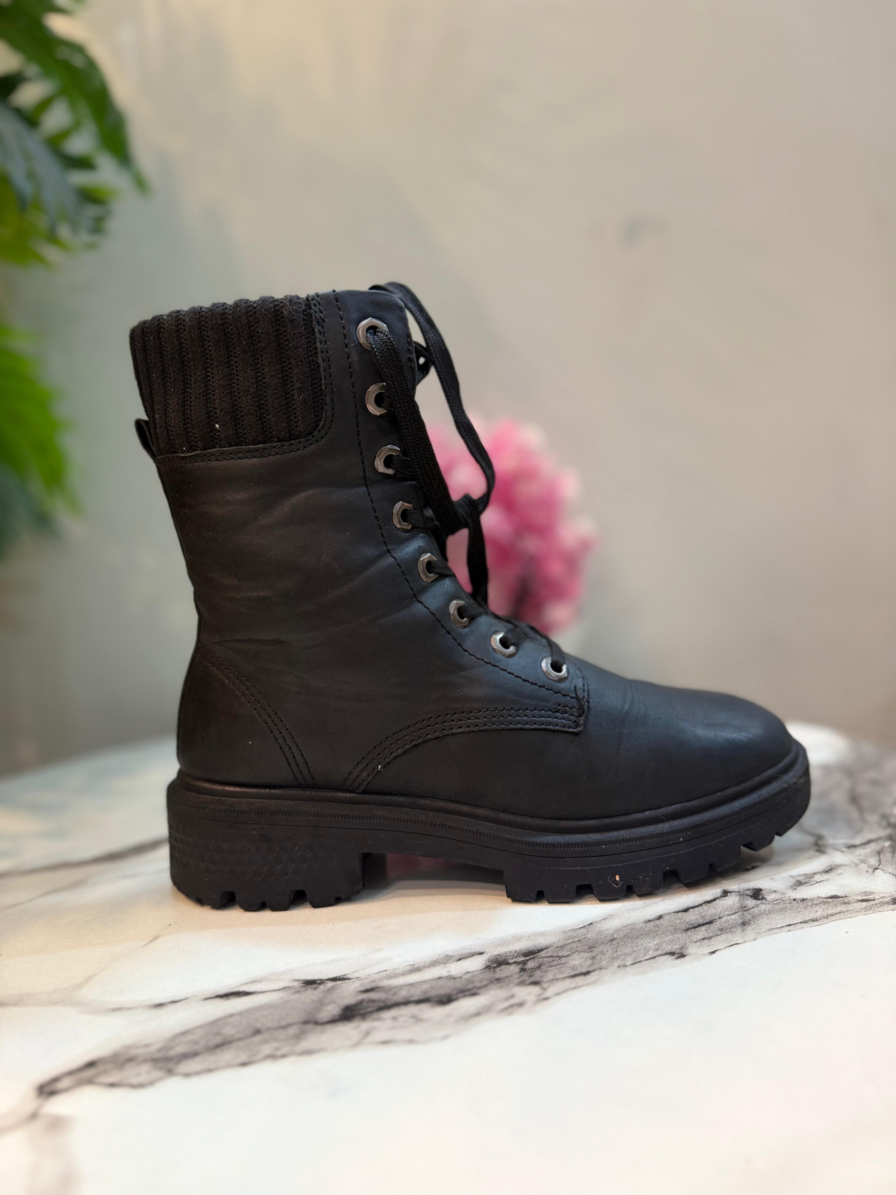 Black leather zipper lace up ankle boot (unknown)