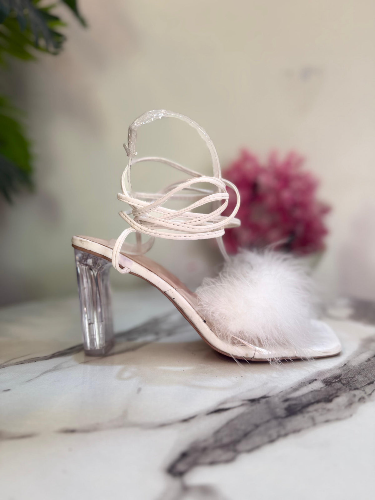 White laceup fur block heel