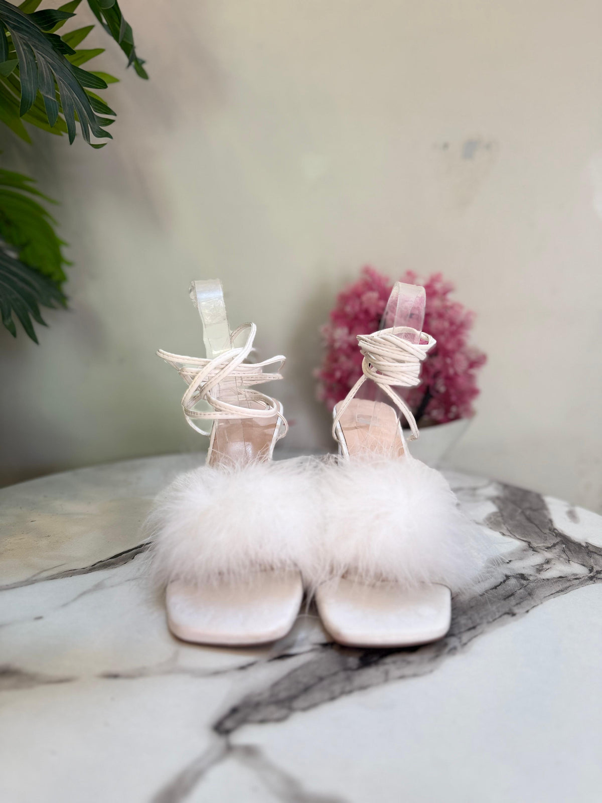 White laceup fur block heel
