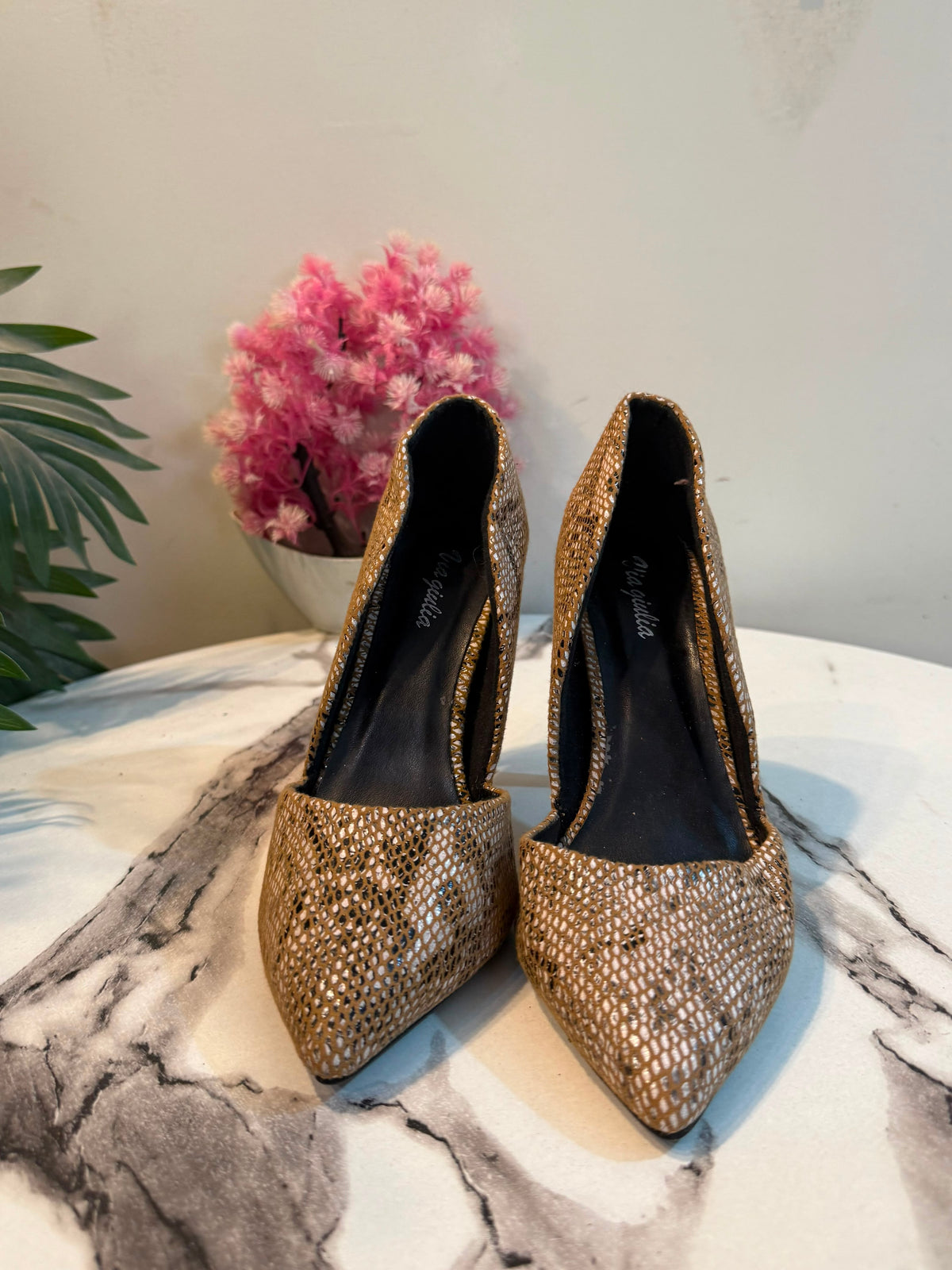 Brown snake print coat shoes