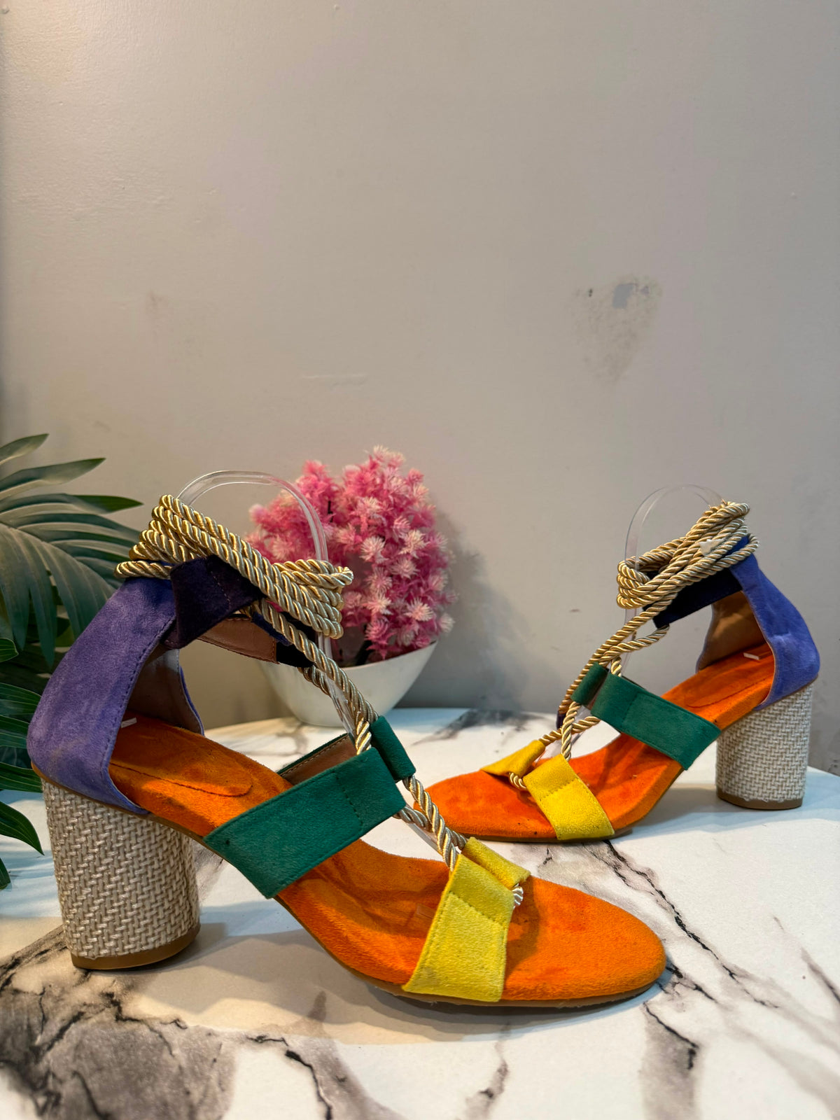 Orange block laceup heel