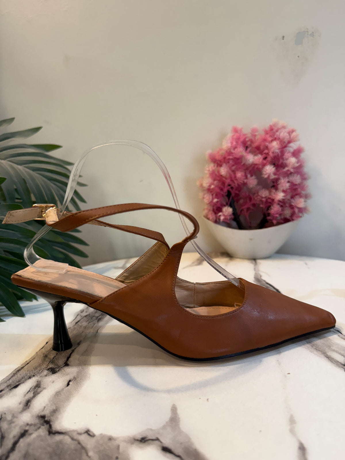 Brown sling back heel
