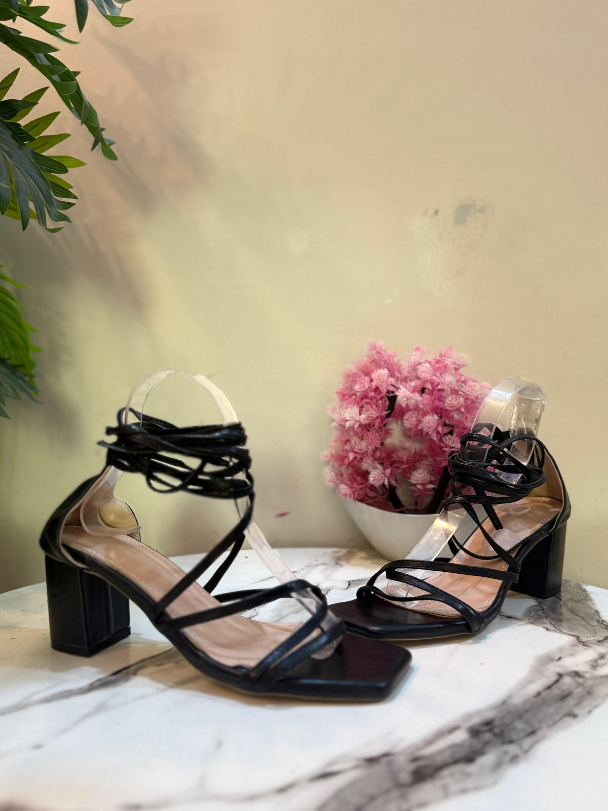 Black laceup block heel