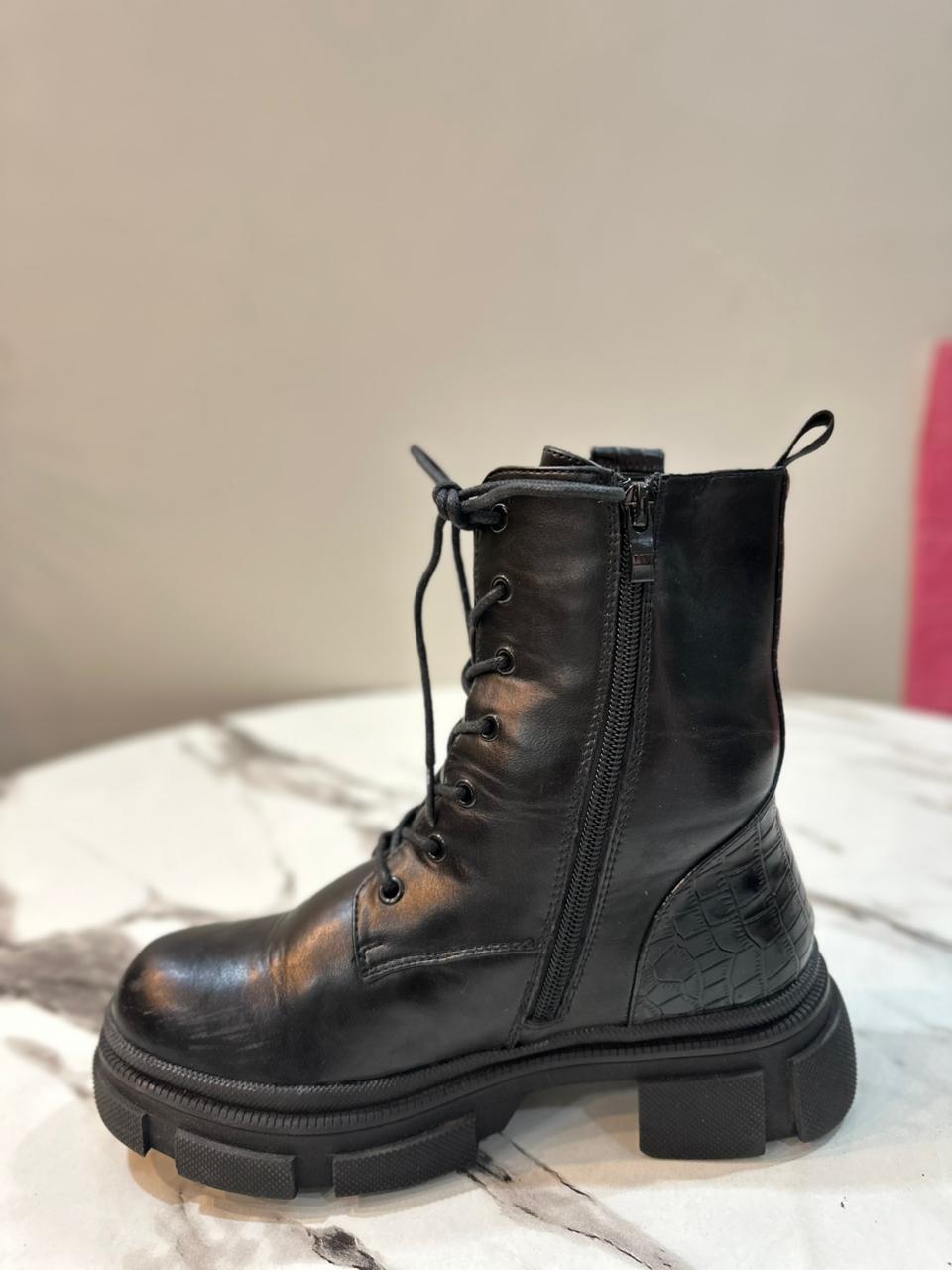 Black leather laceup zipper ankle boot  (merry scott)