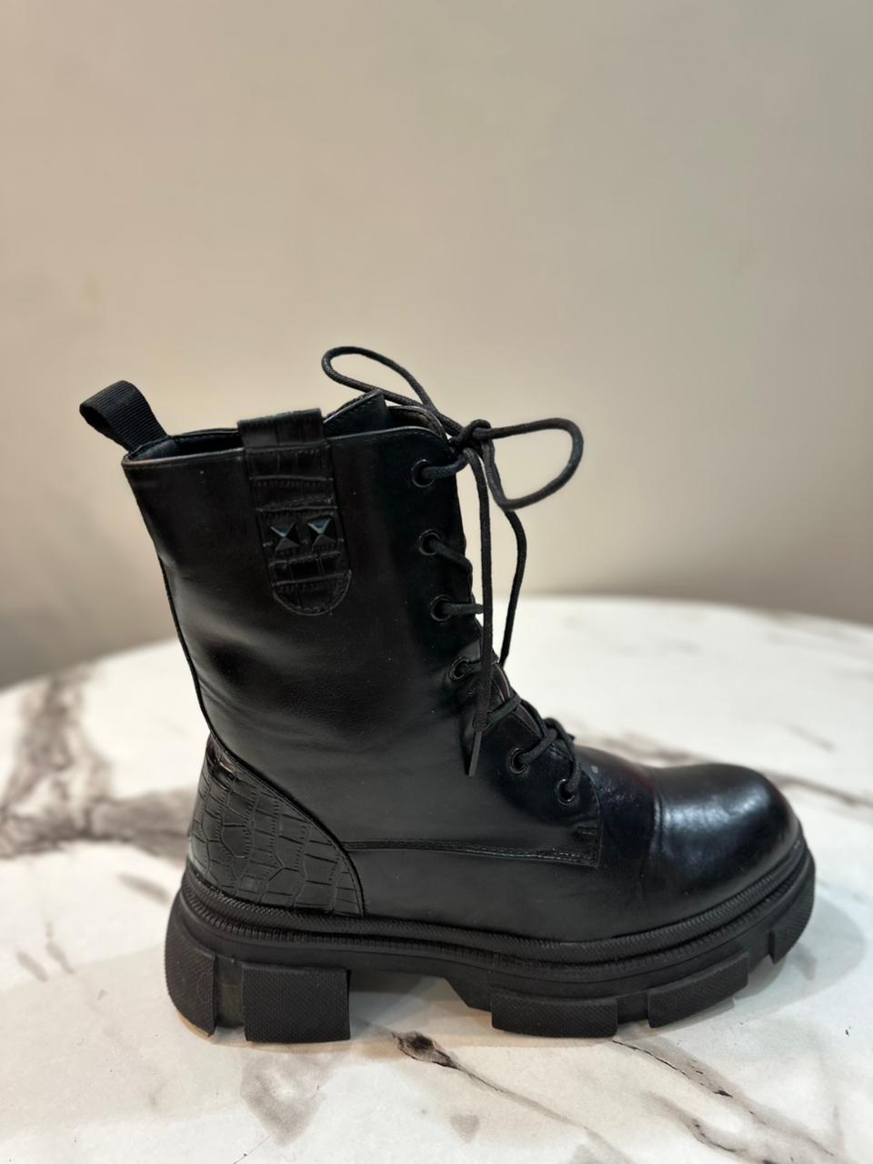 Black leather laceup zipper ankle boot  (merry scott)
