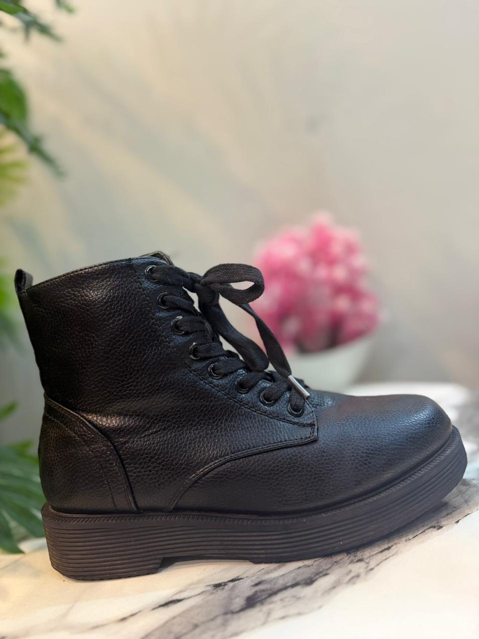 Black leather lace up zipper ankle boot (New look)