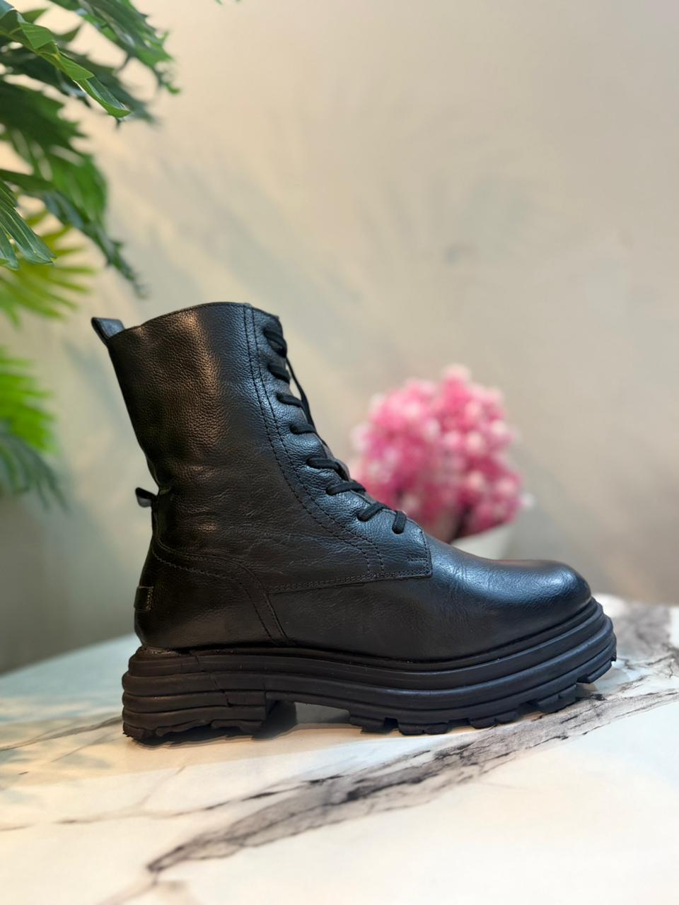 Black leather zipper lace up ankle boot (Unknown)