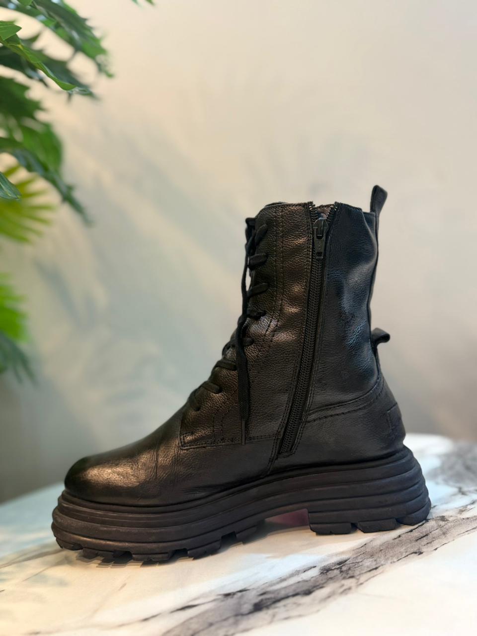 Black leather zipper lace up ankle boot (Unknown)