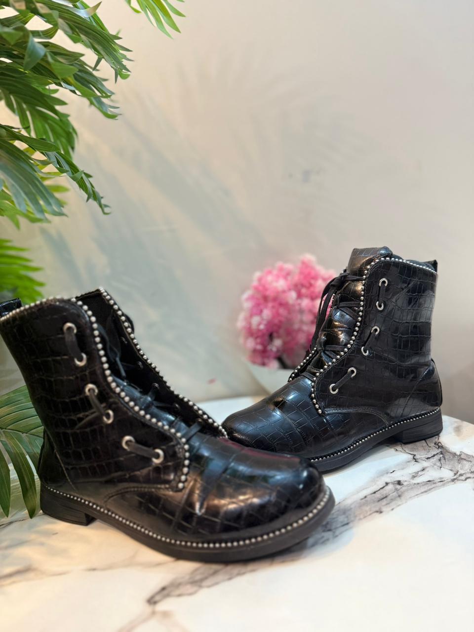 Black patent leather lace up ankle boot (Unknown)