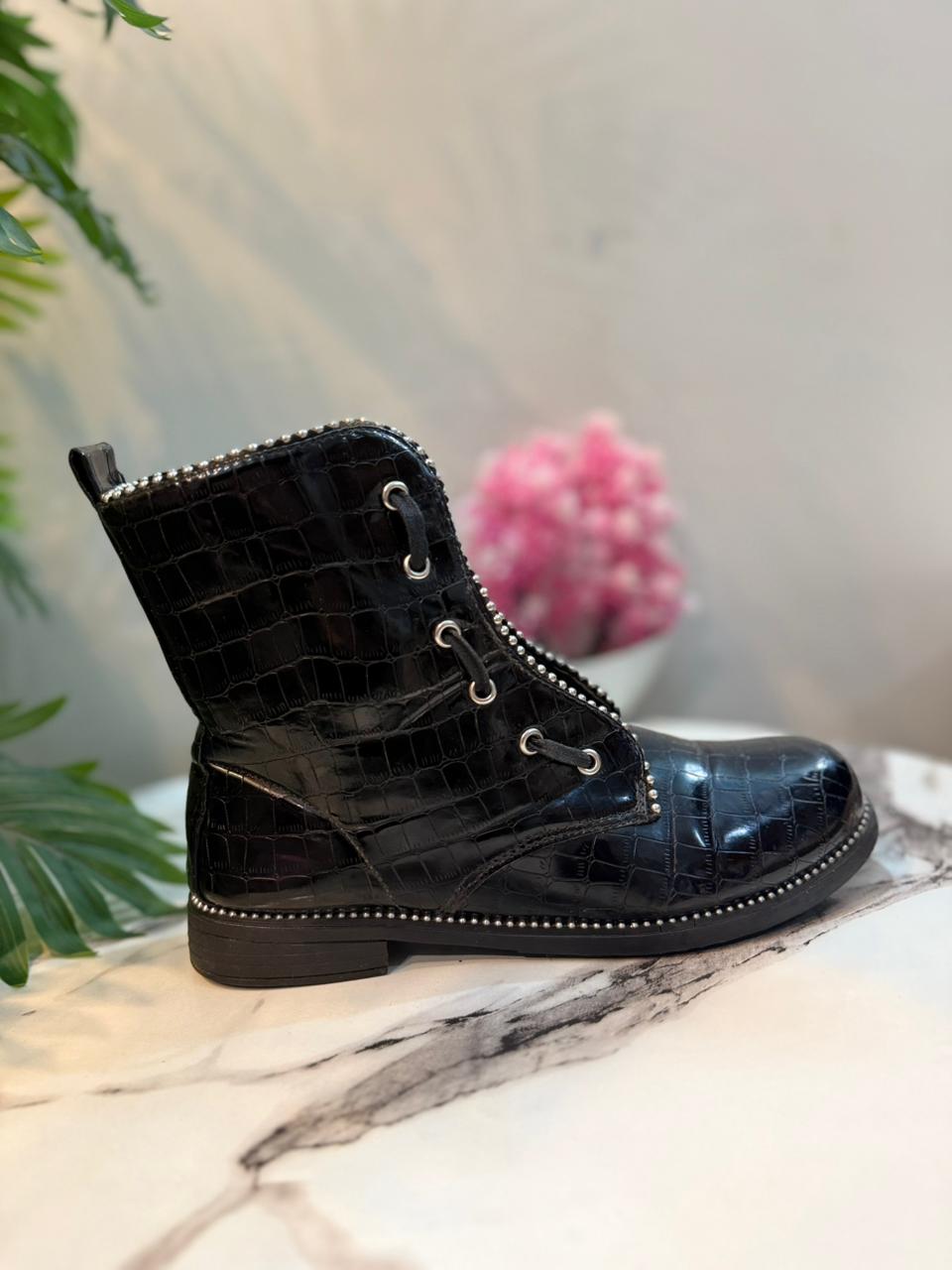 Black patent leather lace up ankle boot (Unknown)