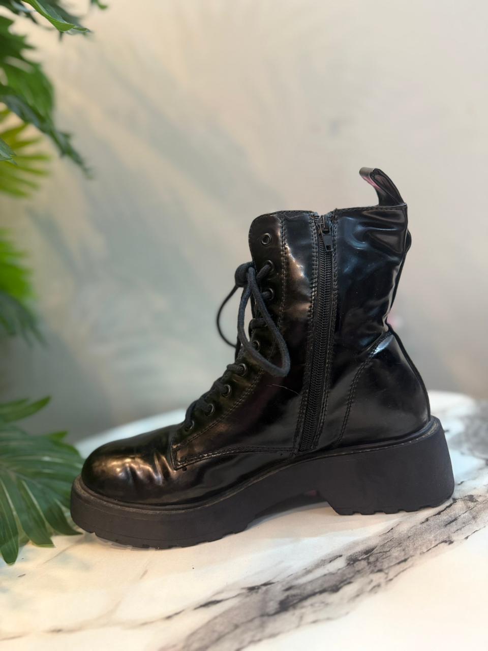 Black patent leather zipper lace up ankle boots (unknown)