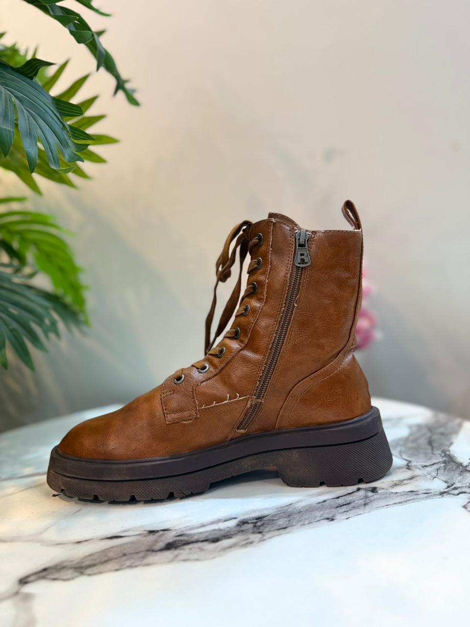 Brown leather zipper lace up ankle boot (European brand)