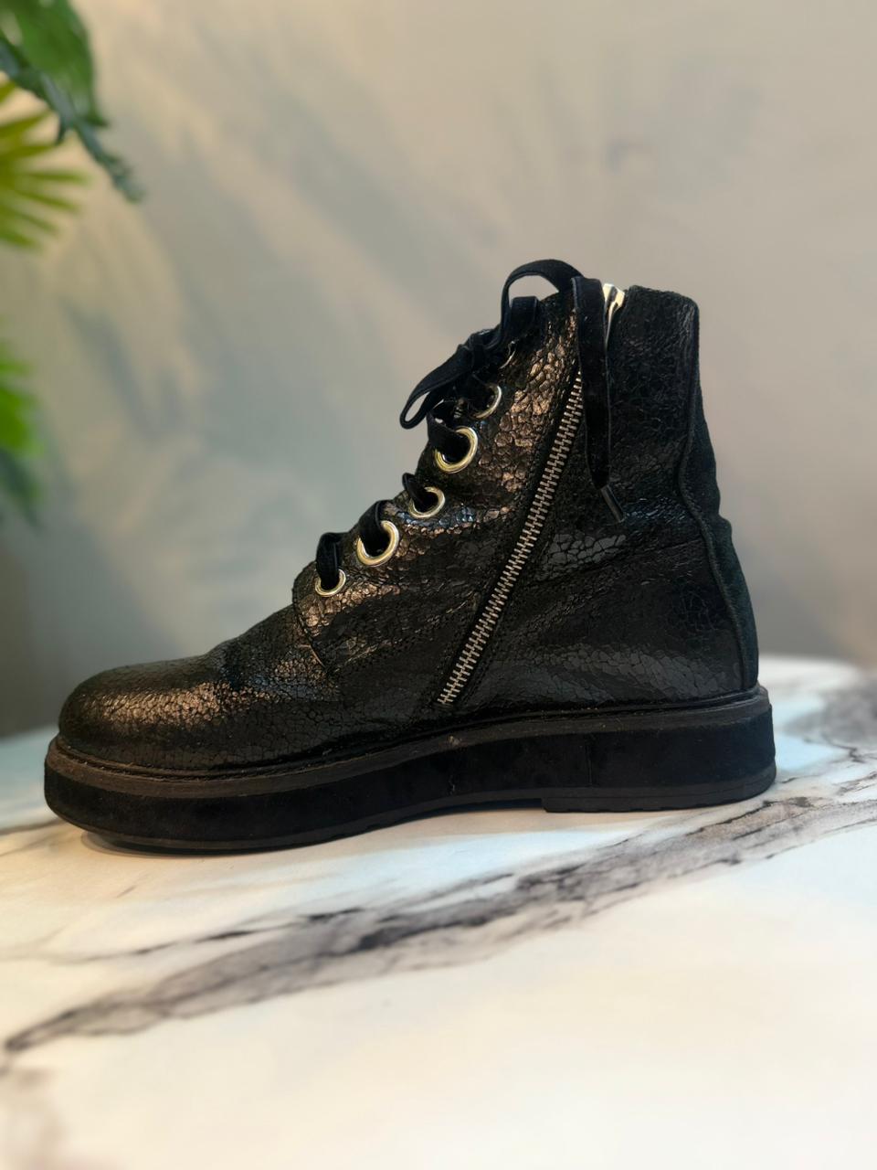 Black leather zipper lace up ankle boot (European brand)