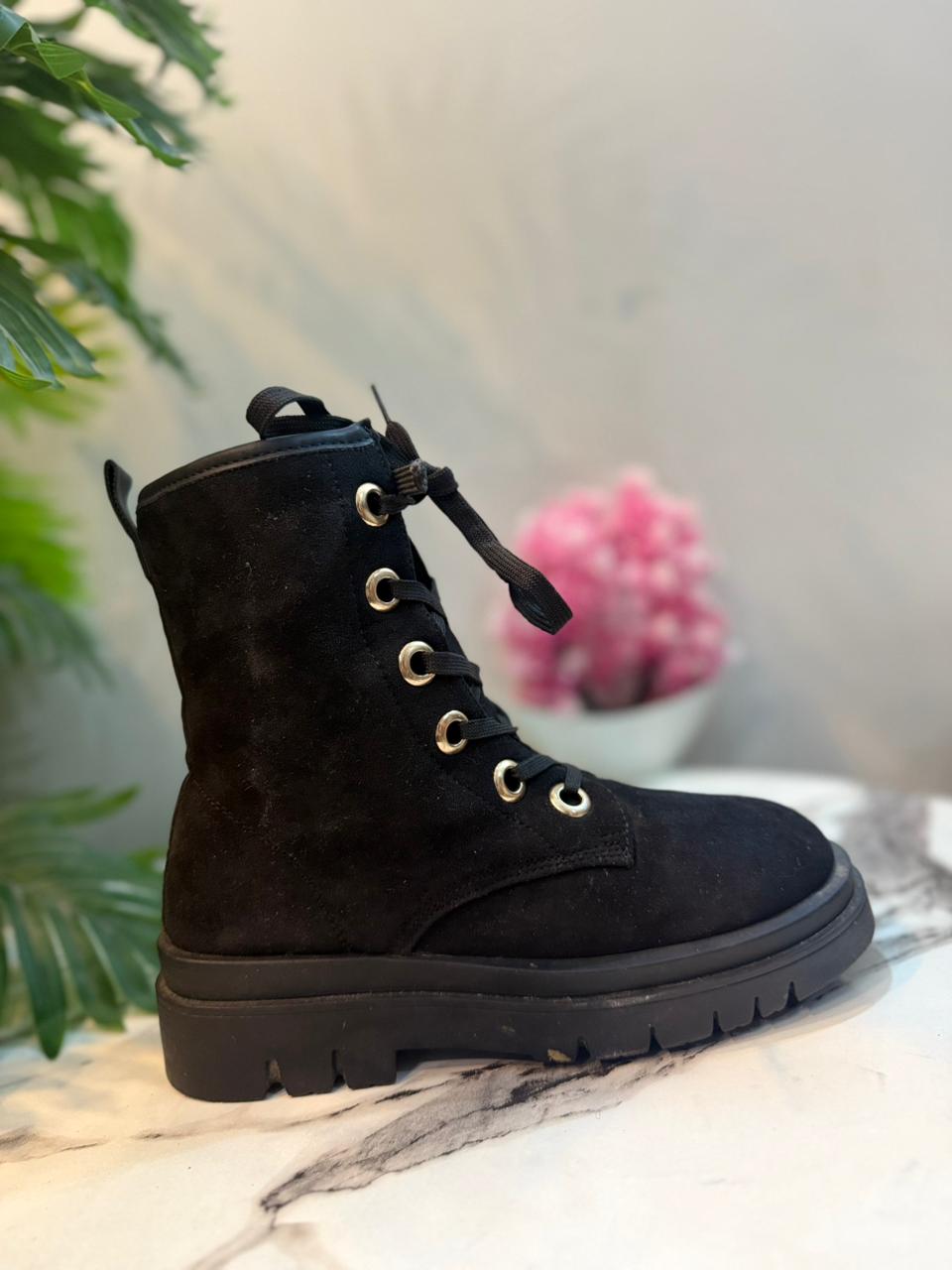 Black suede zipper lace up ankle boot (Unknown)