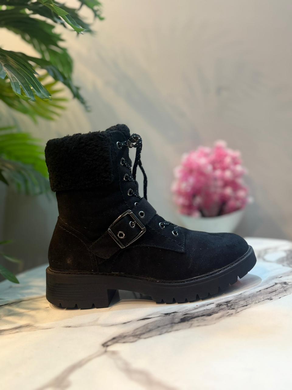 Black suede zipper lace up ankle boot (Unknown)