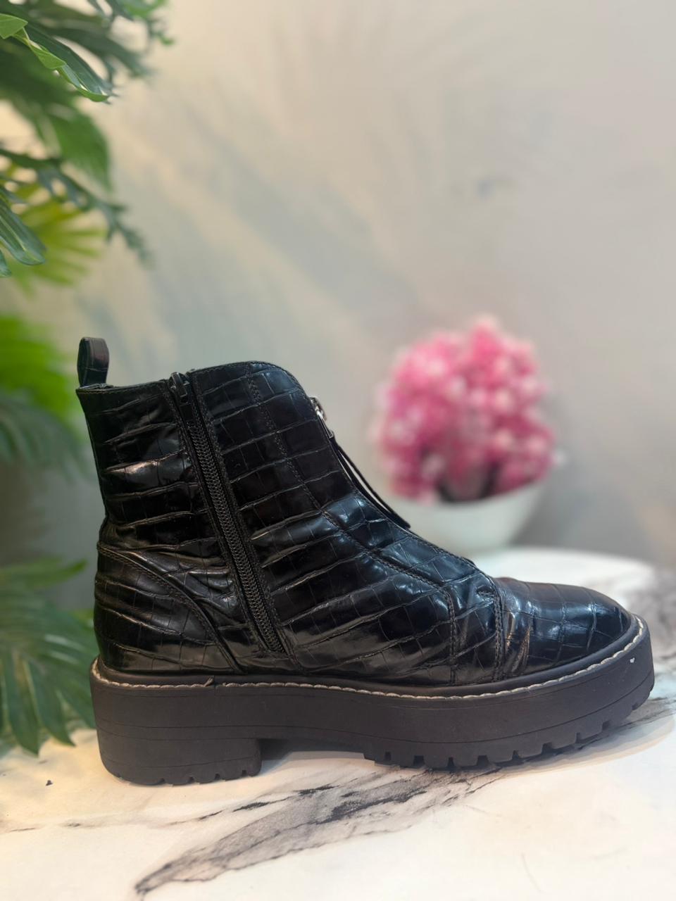 Black patent double zipper ankle boot (European brand)