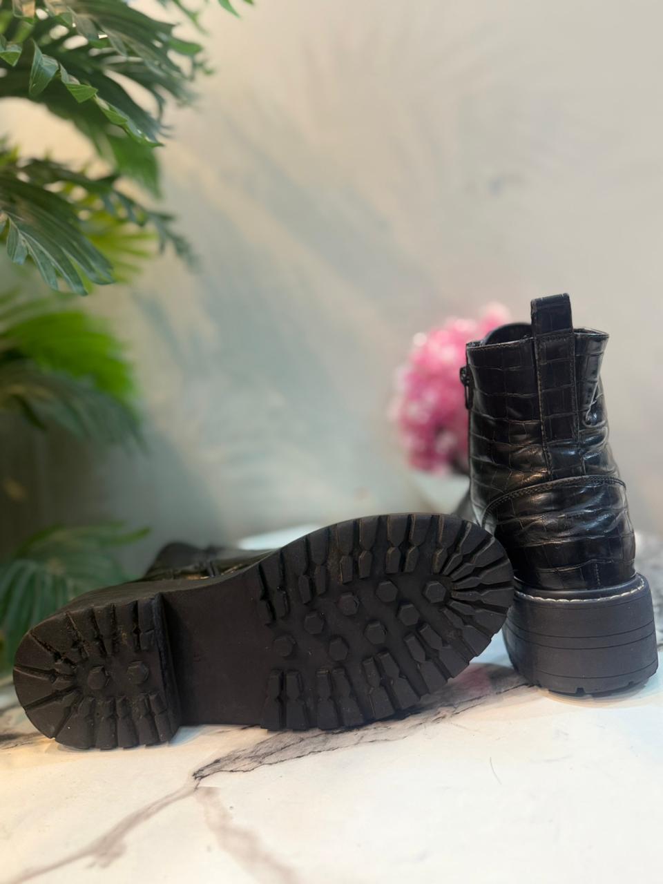 Black patent double zipper ankle boot (European brand)