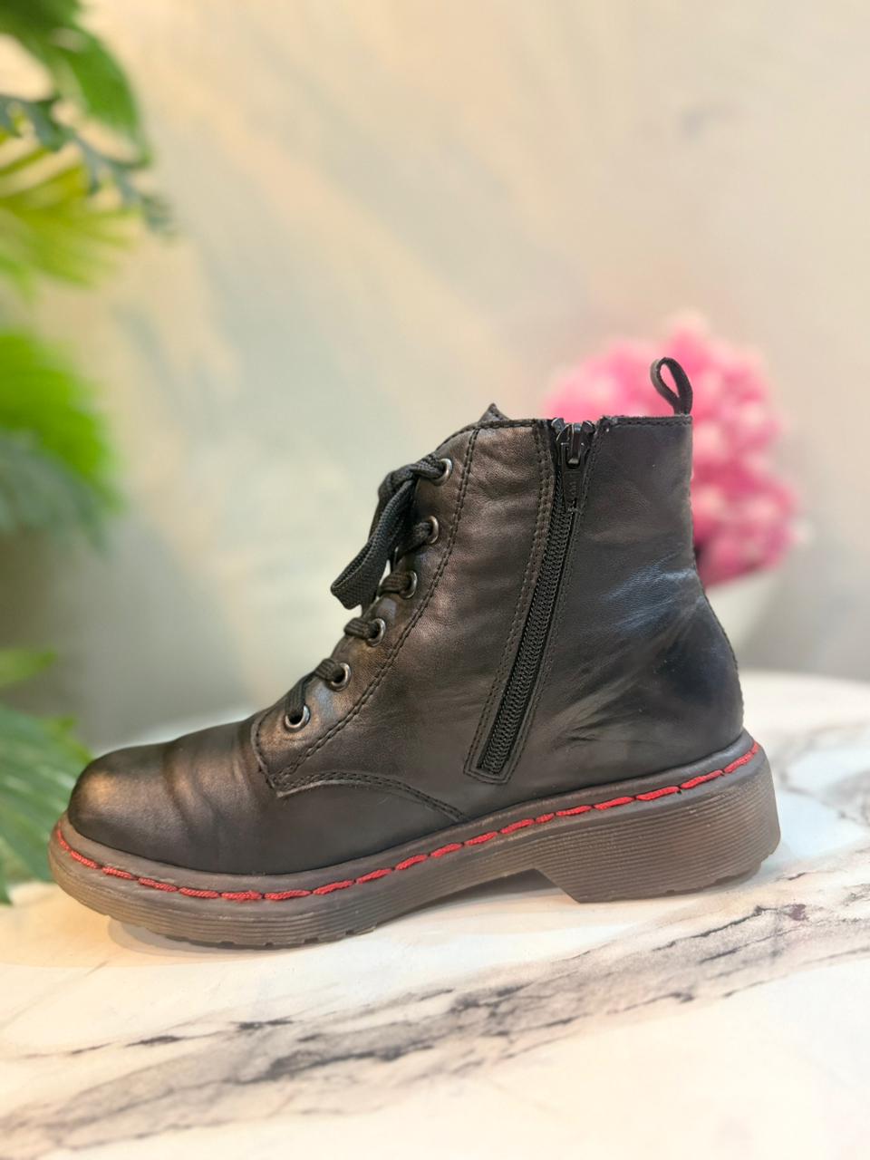 Black leather lace up zipper ankle boot (Rieker)