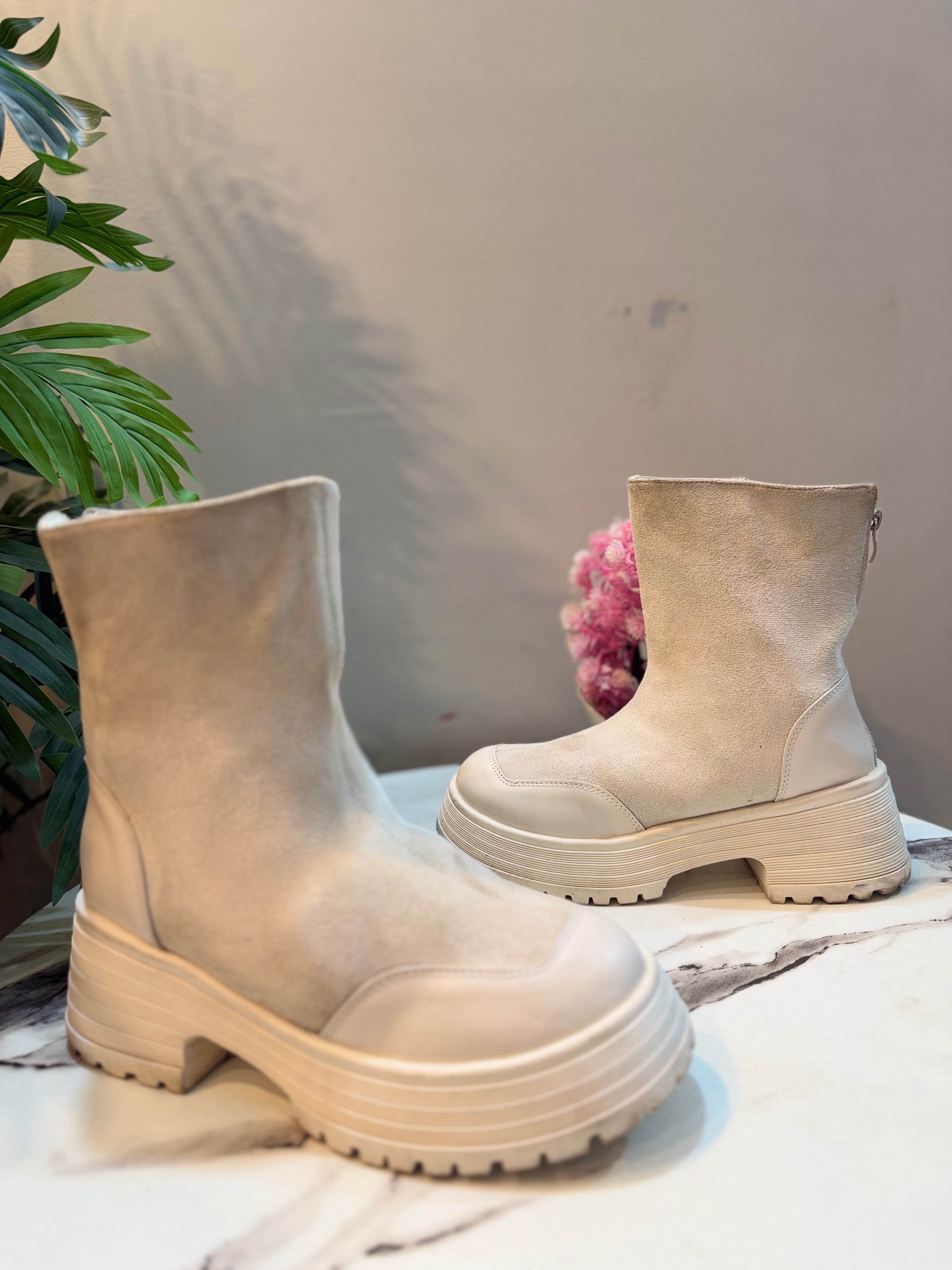 White suede back zipper ankle boot (unknown)