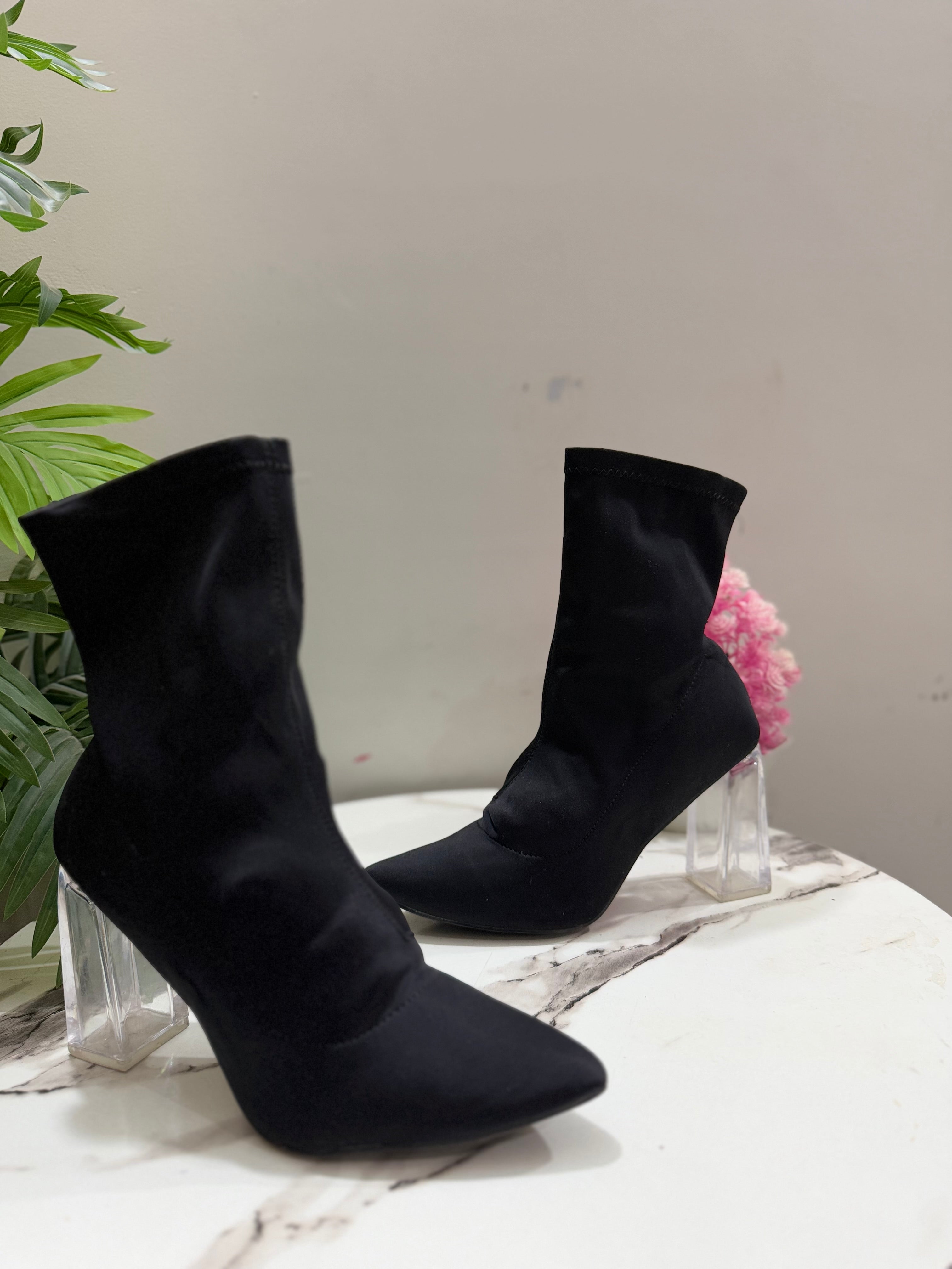 Black satin heeled ankle boot ( fashion nova)