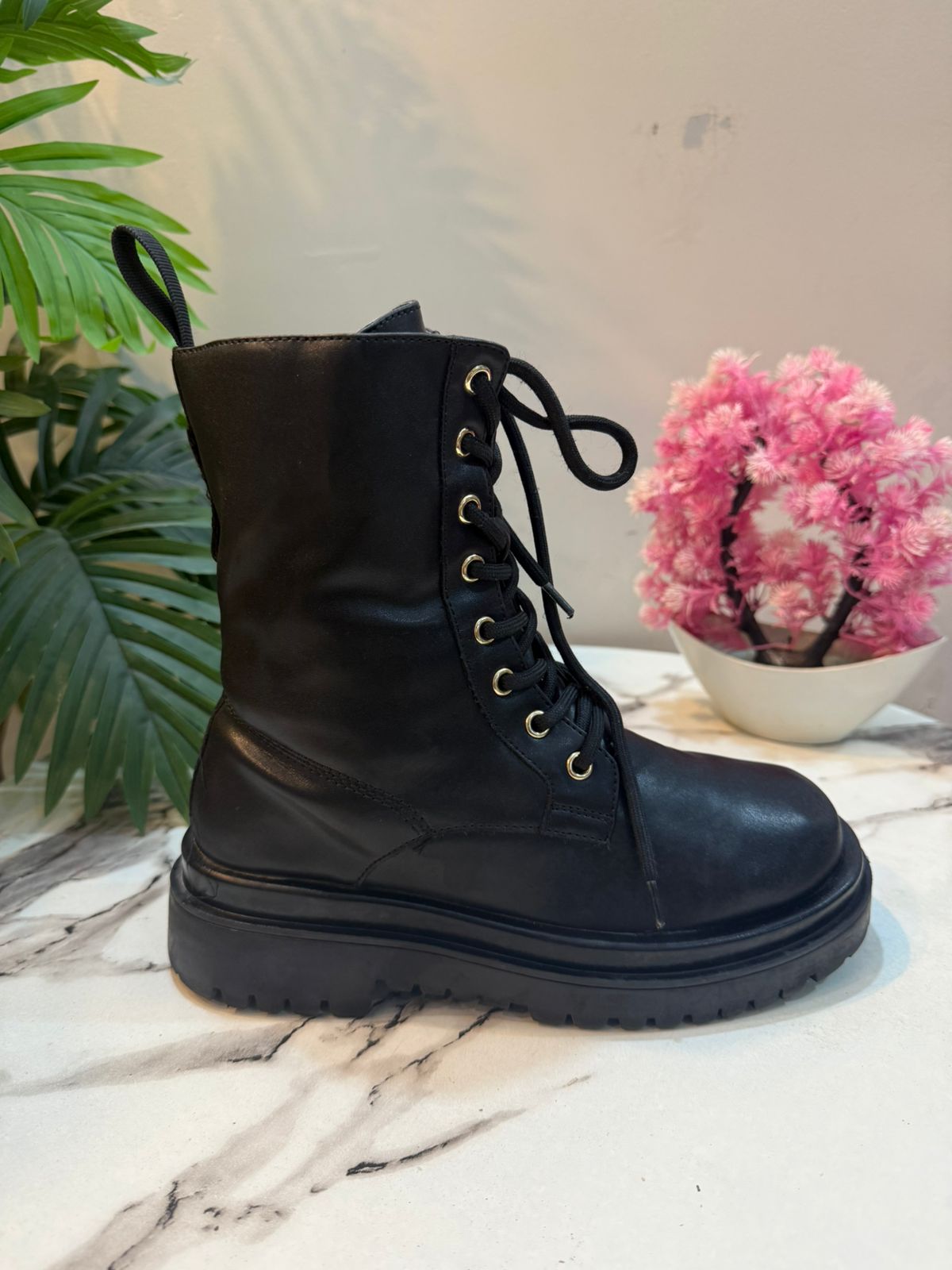 Leather zipper laceup black ankle boot