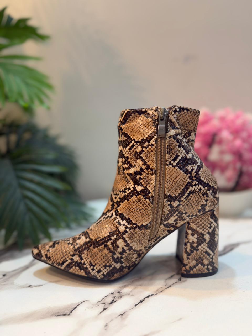 Snake print leather zipper ankle boot