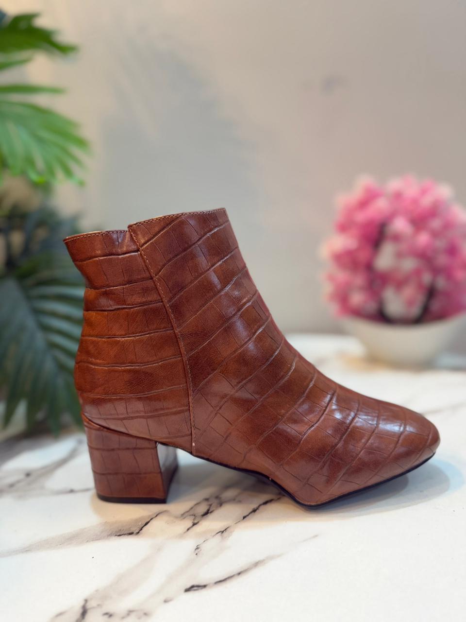 Brown leather ankle zipper boot