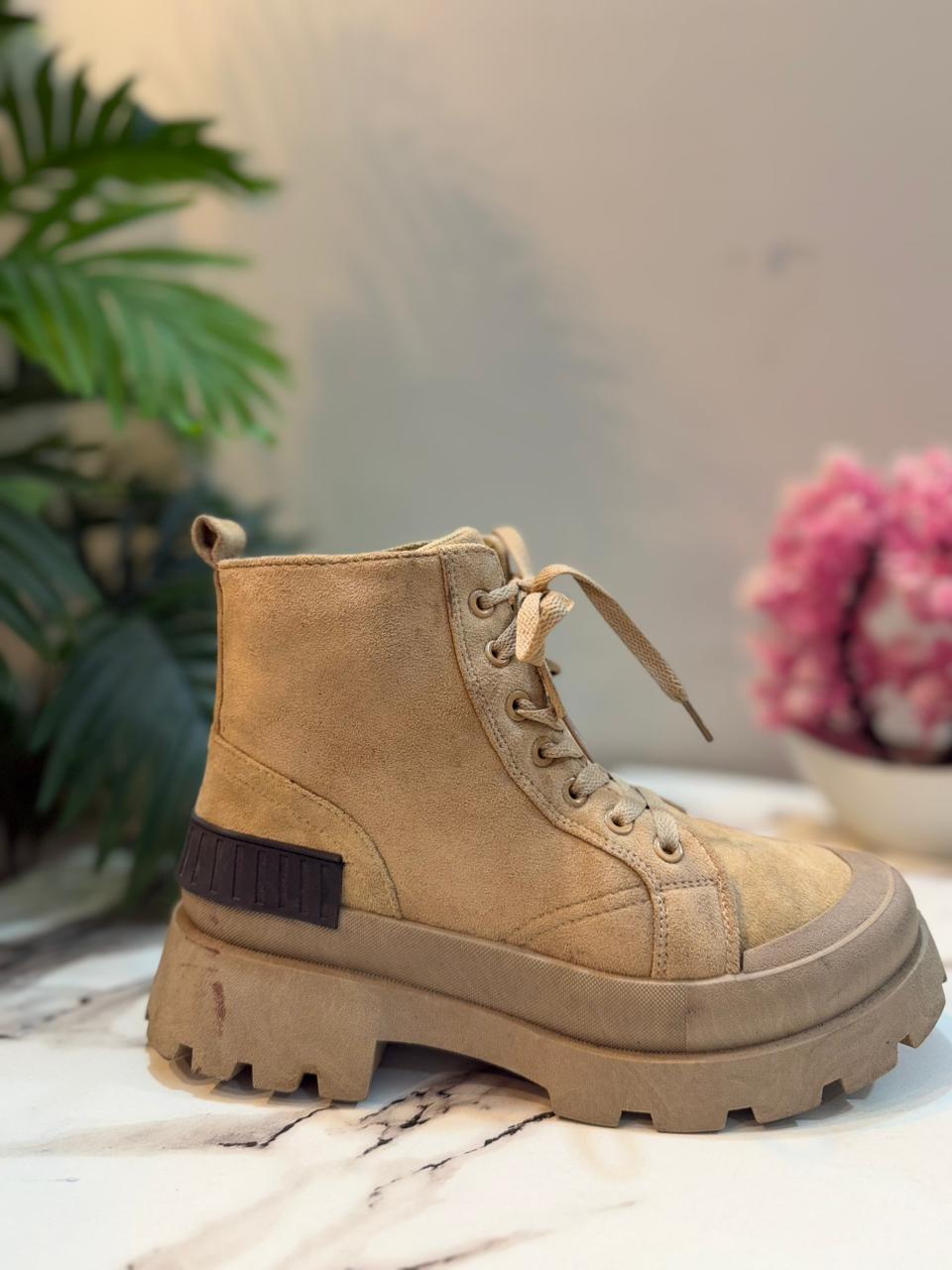 Beige laceup suede ankle boot