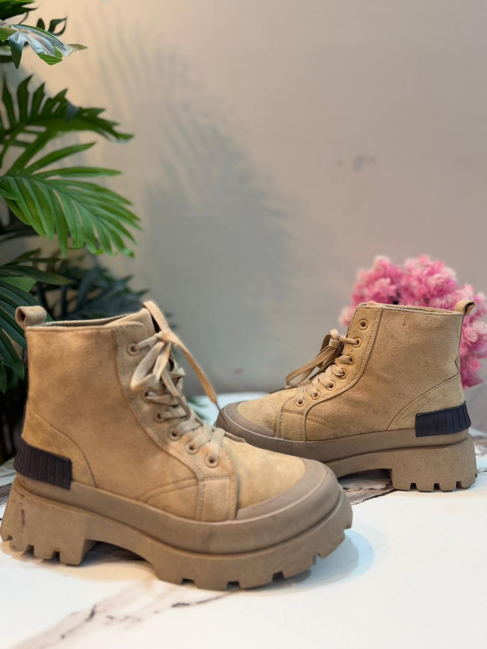 Beige laceup suede ankle boot