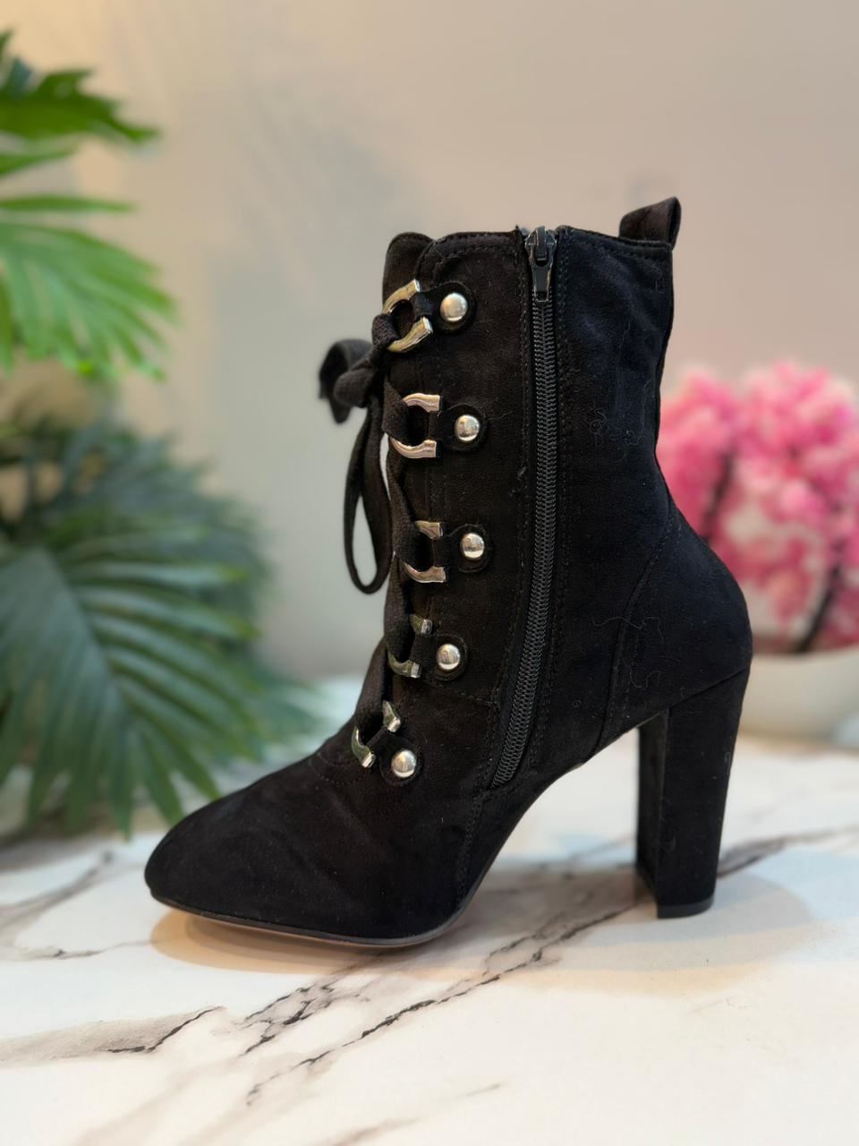 Black suede laceup zipper heeled ankle boot (About You)