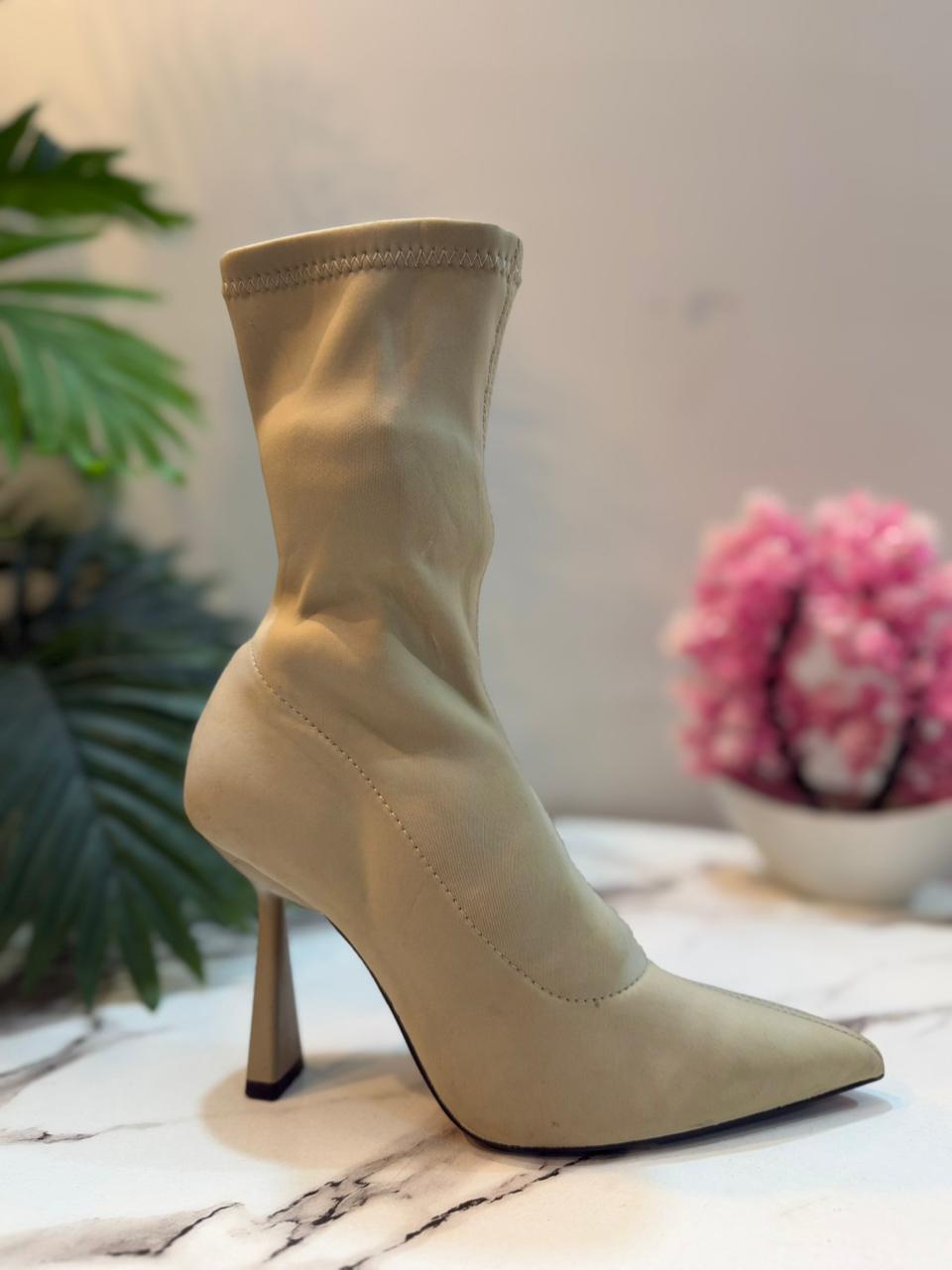 Taupe satin zipper ankle boot