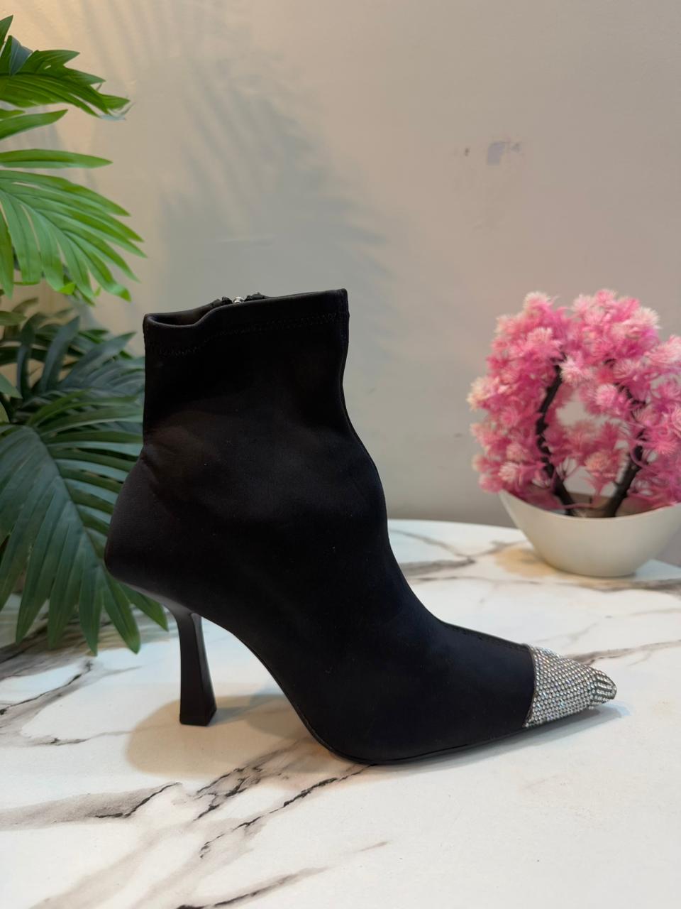Black satin heeled ankle boots