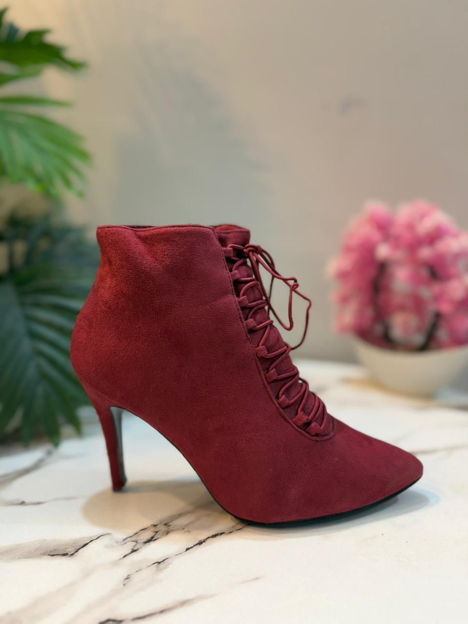 Vine red suede laceup heeled boot(Unknown)
