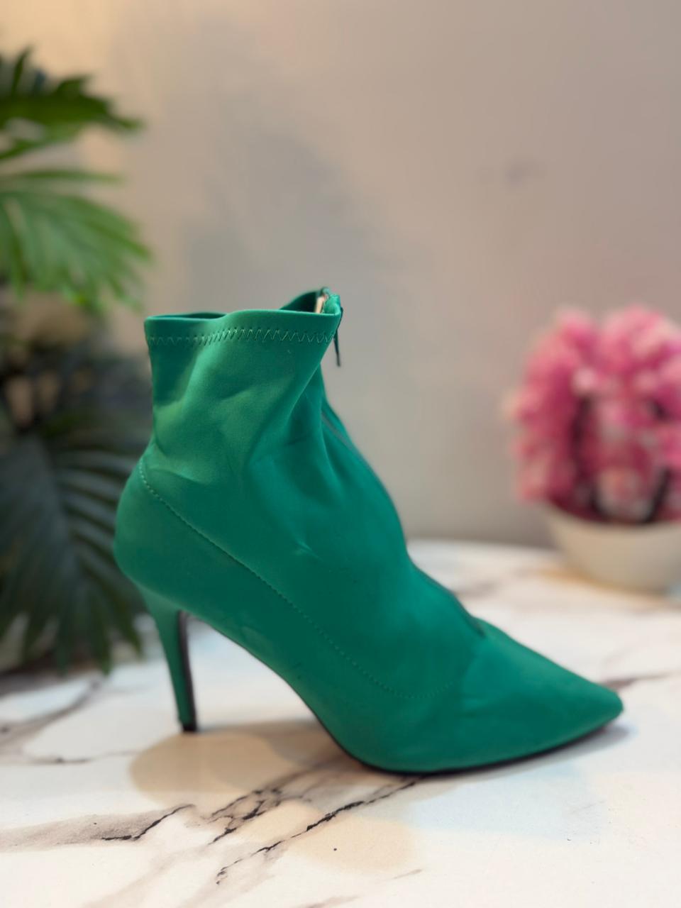 Green satin heeled ankle boots (Alcott)