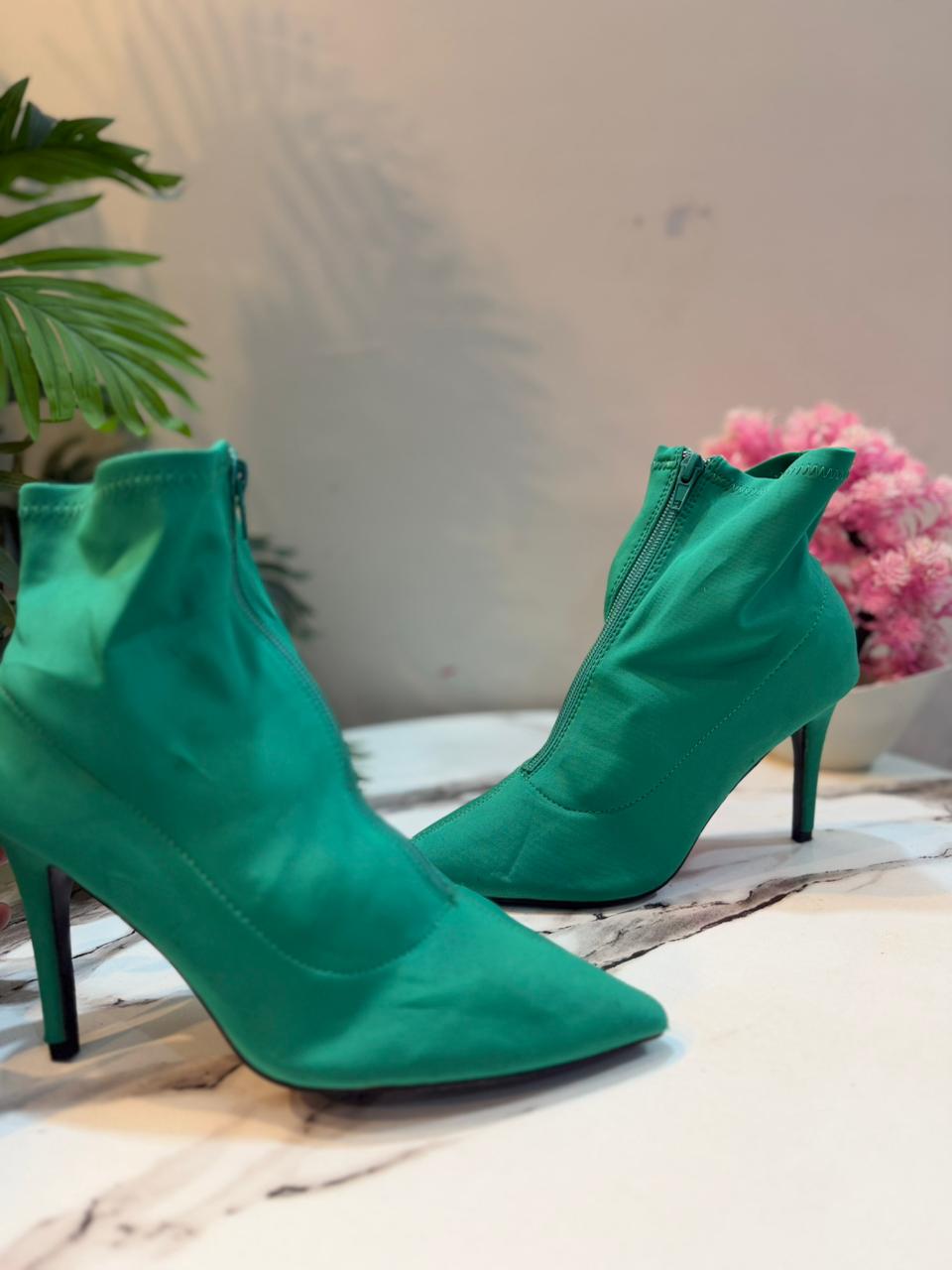 Green satin heeled ankle boots (Alcott)