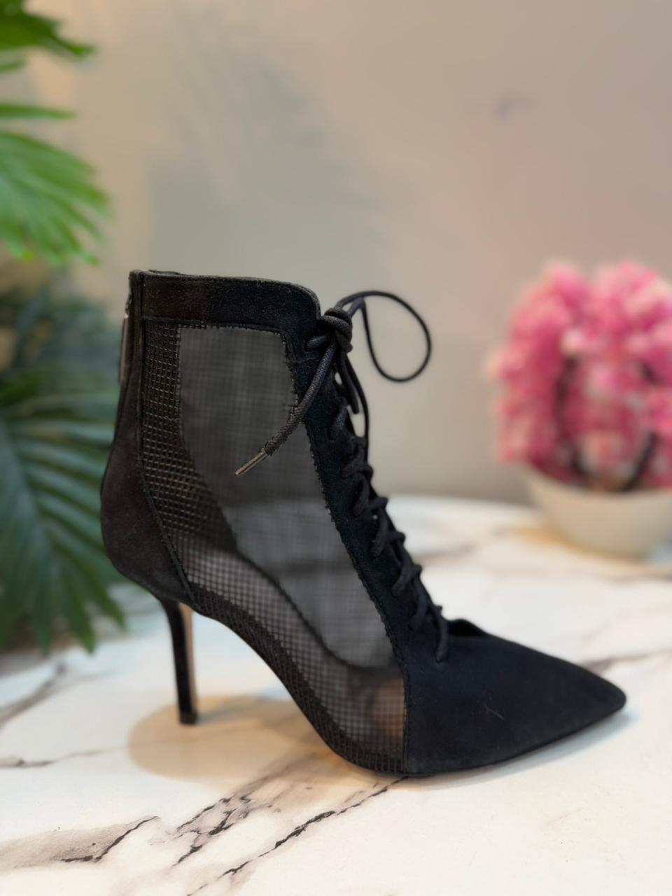 Black net laceup ankle boots(Zara)