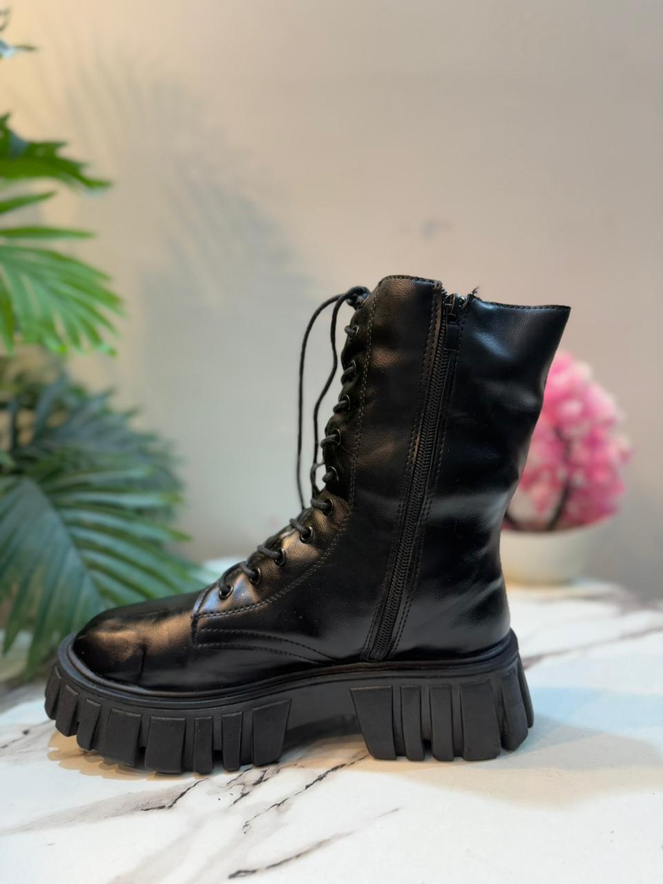 Black leather laceup ankle boot with side zipper (unknown)