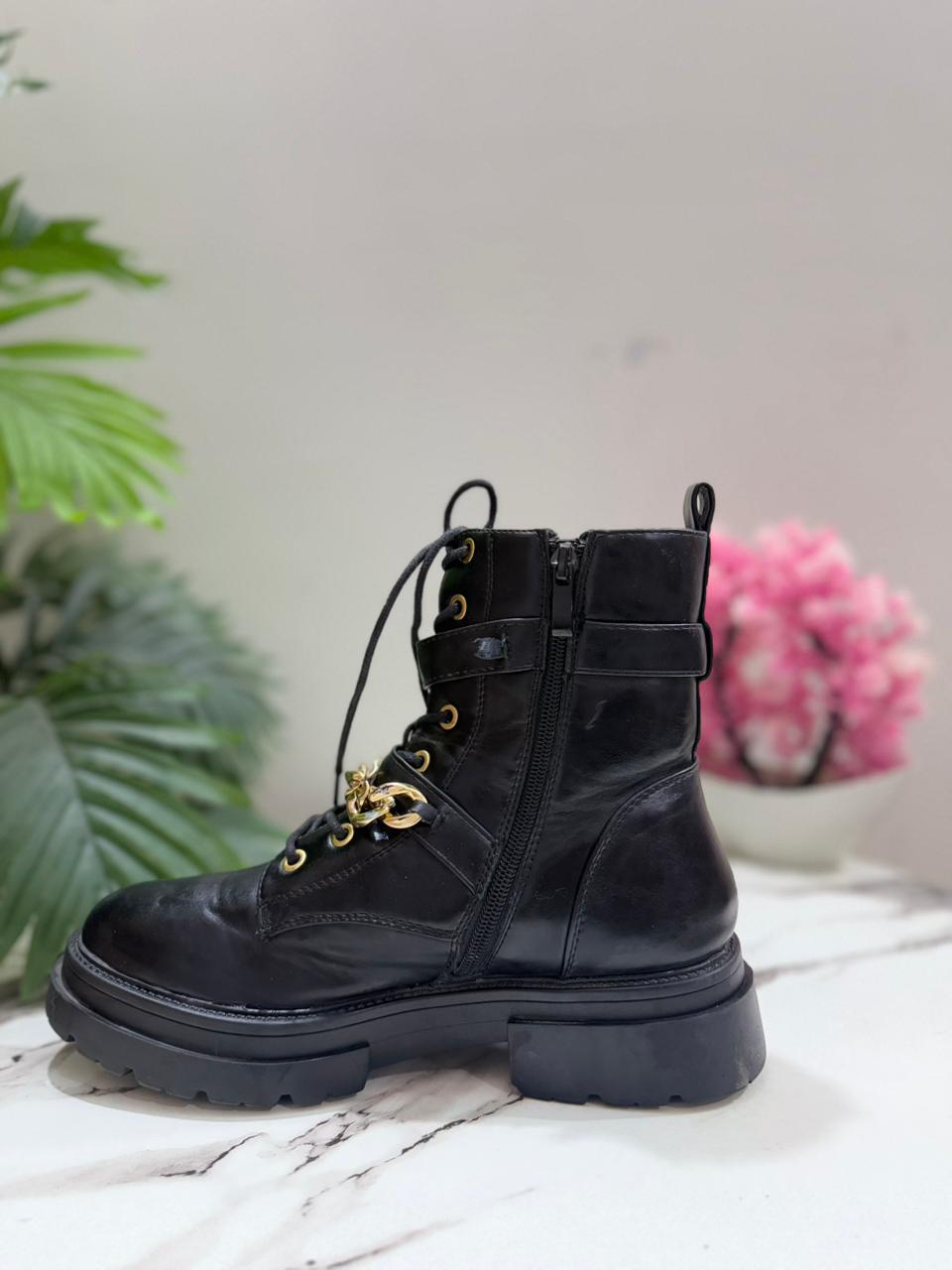 Black leather laceup ankle boot with zipper and golden buckle (european brand)