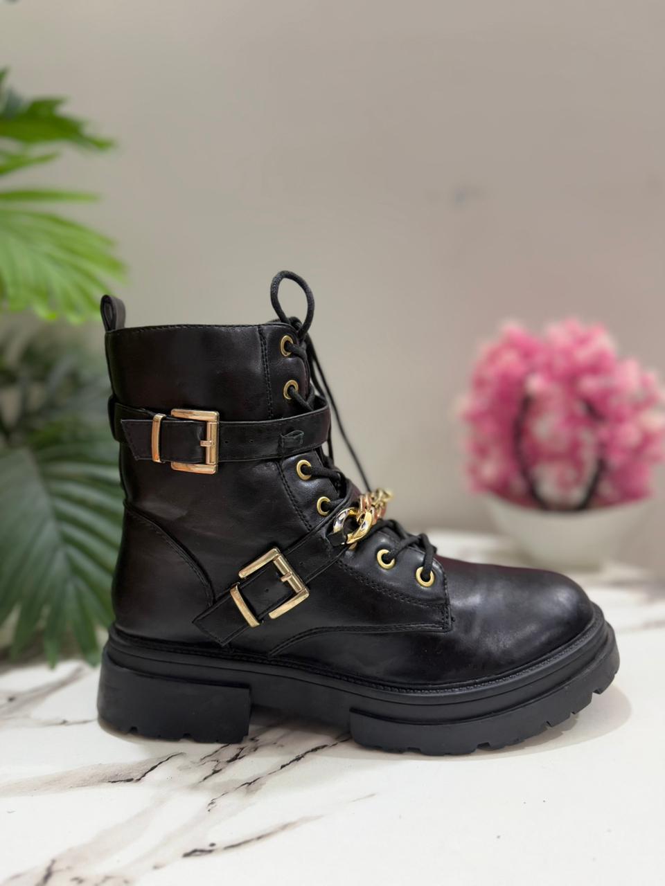 Black leather laceup ankle boot with zipper and golden buckle (european brand)