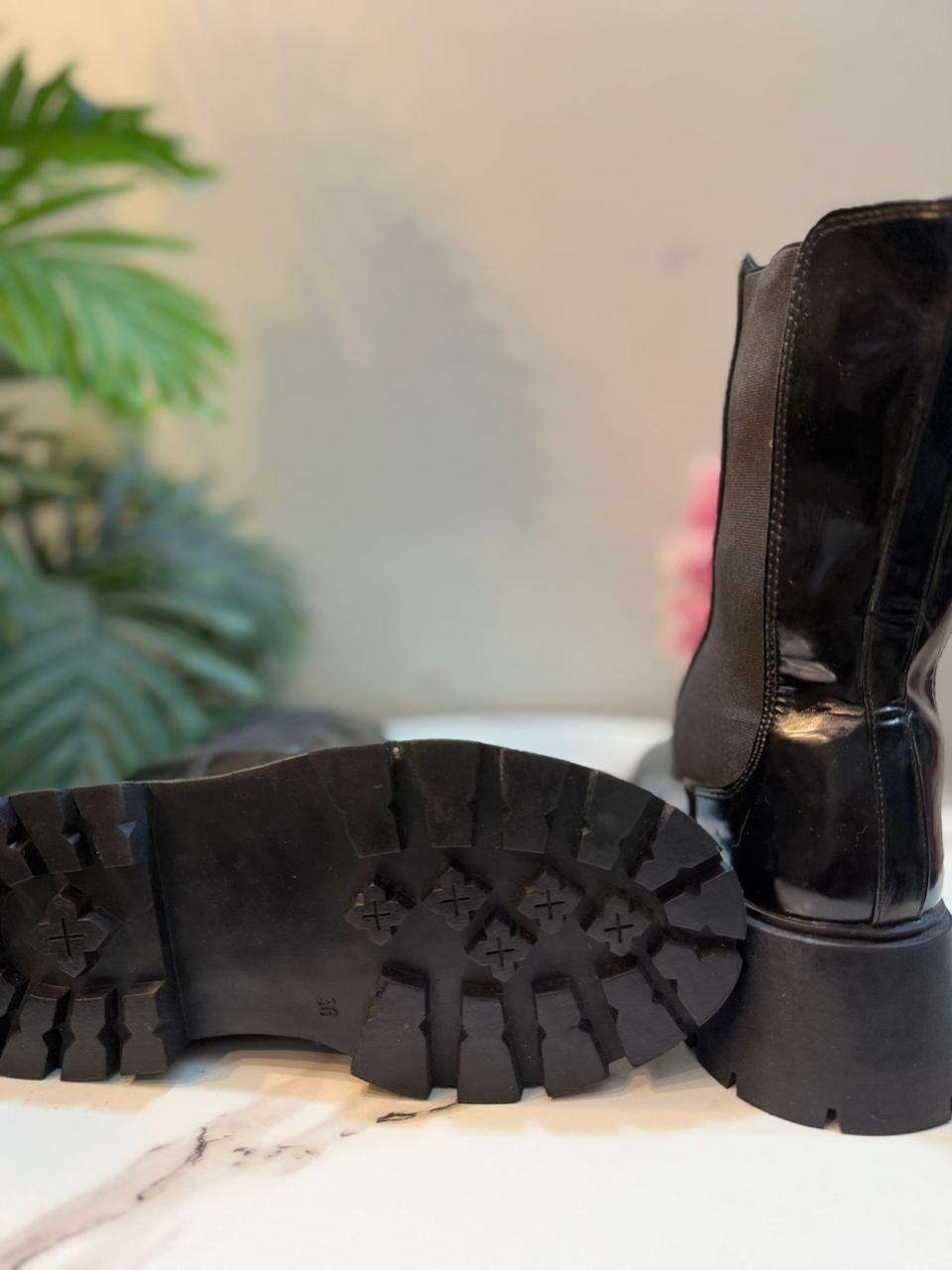 Black patent leather ankle boot