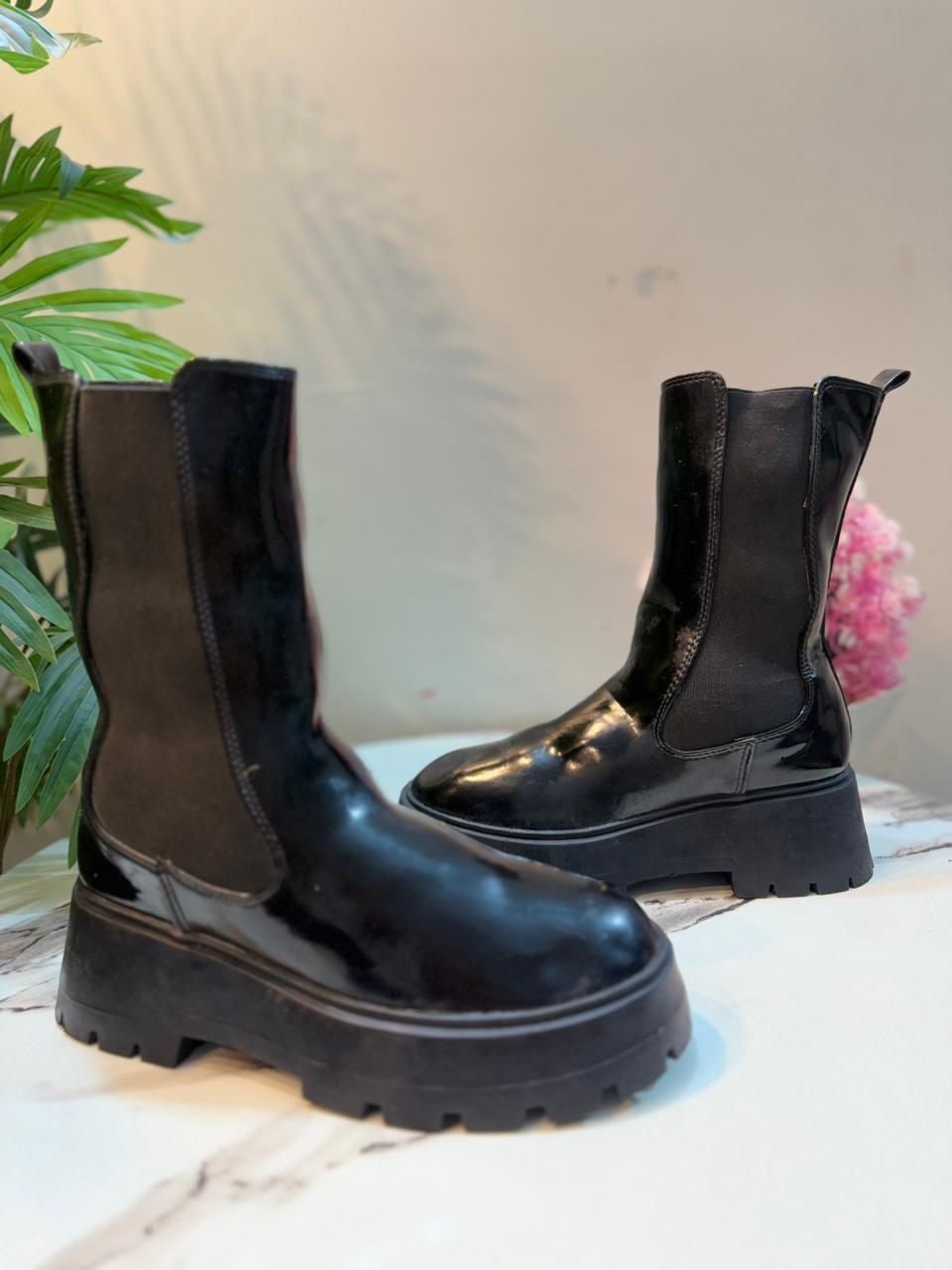 Black patent leather ankle boot