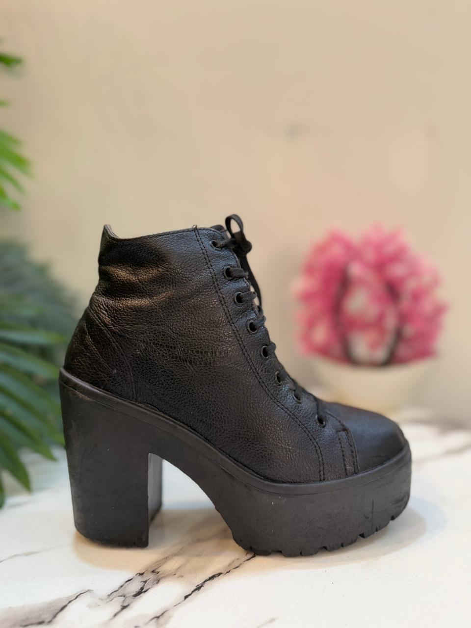 Black leather laceup ankle boot