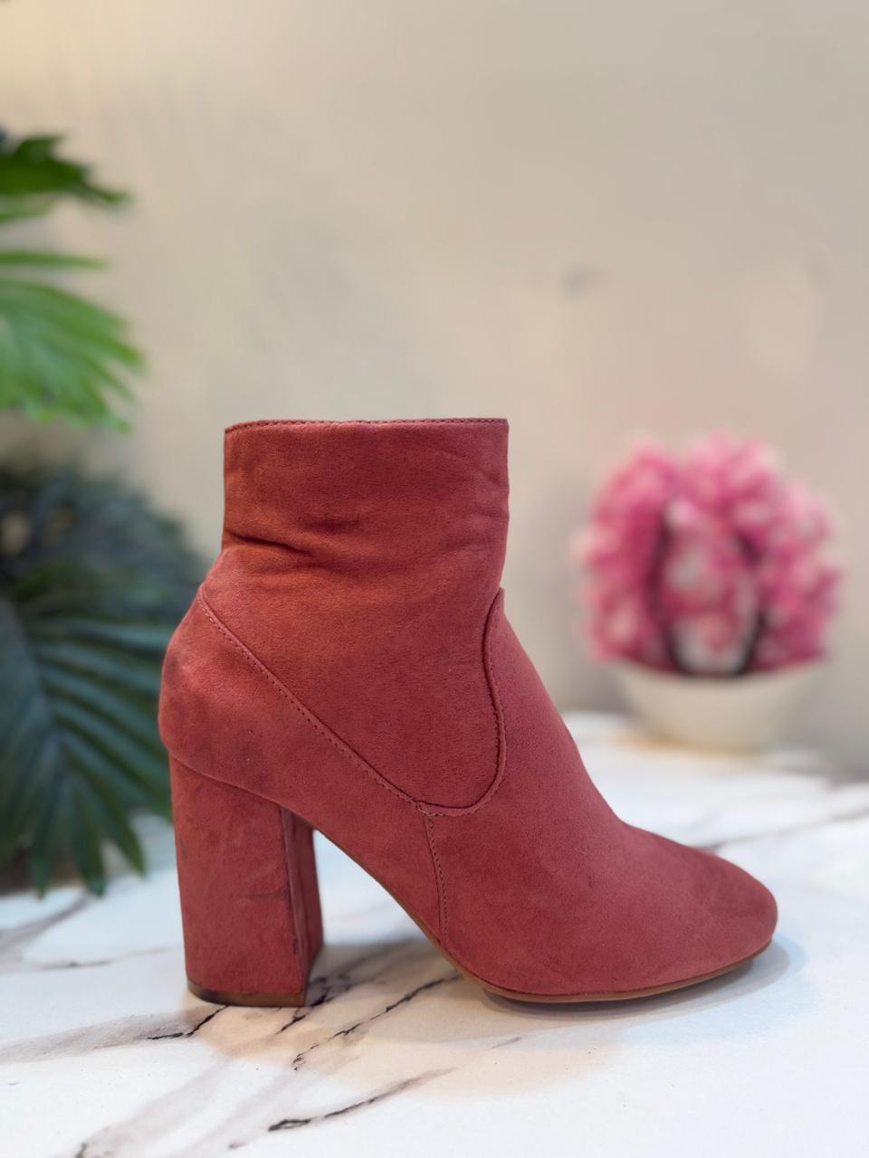 Pink suede zipper ankle boot (just fab)