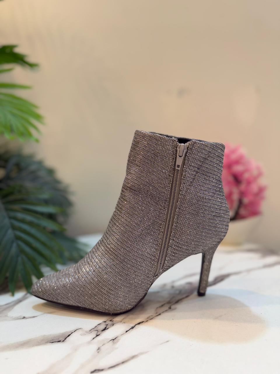 Silver shimmer leather heeled zipper ankle boot (Sacha essential)