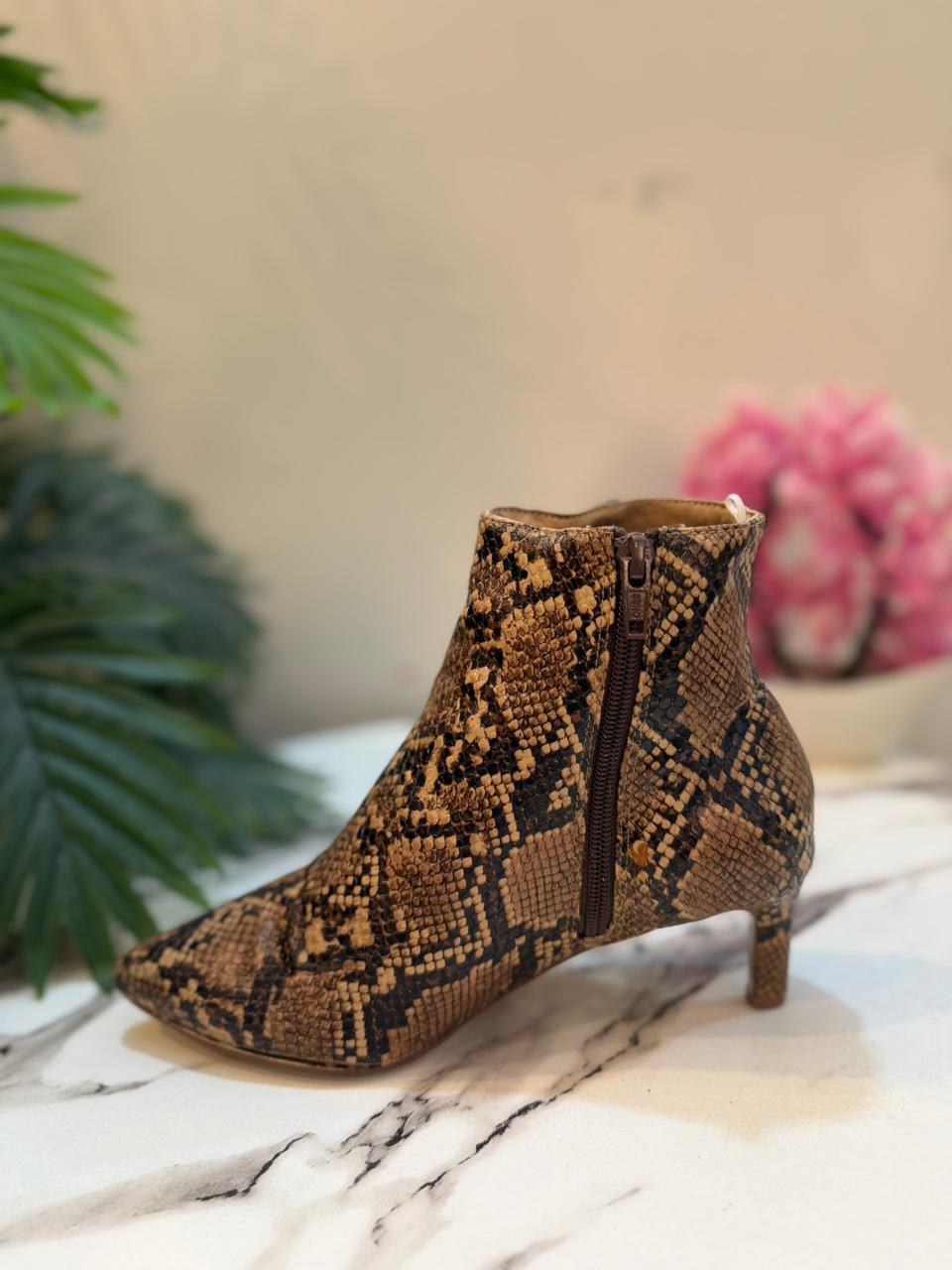 Snake print zipper ankle boot