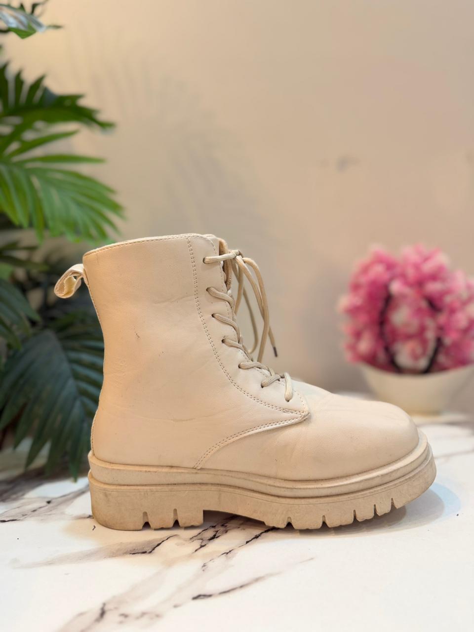 Creamy white laceup zipper leather ankle boot