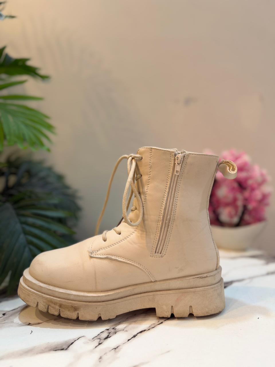 Creamy white laceup zipper leather ankle boot