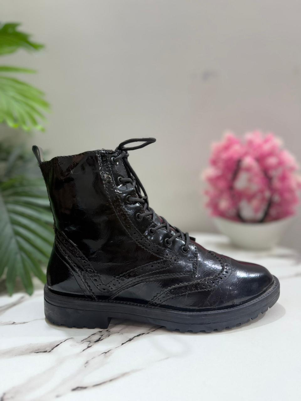 Black patent leather laceup zipper ankle boot (tamaris )